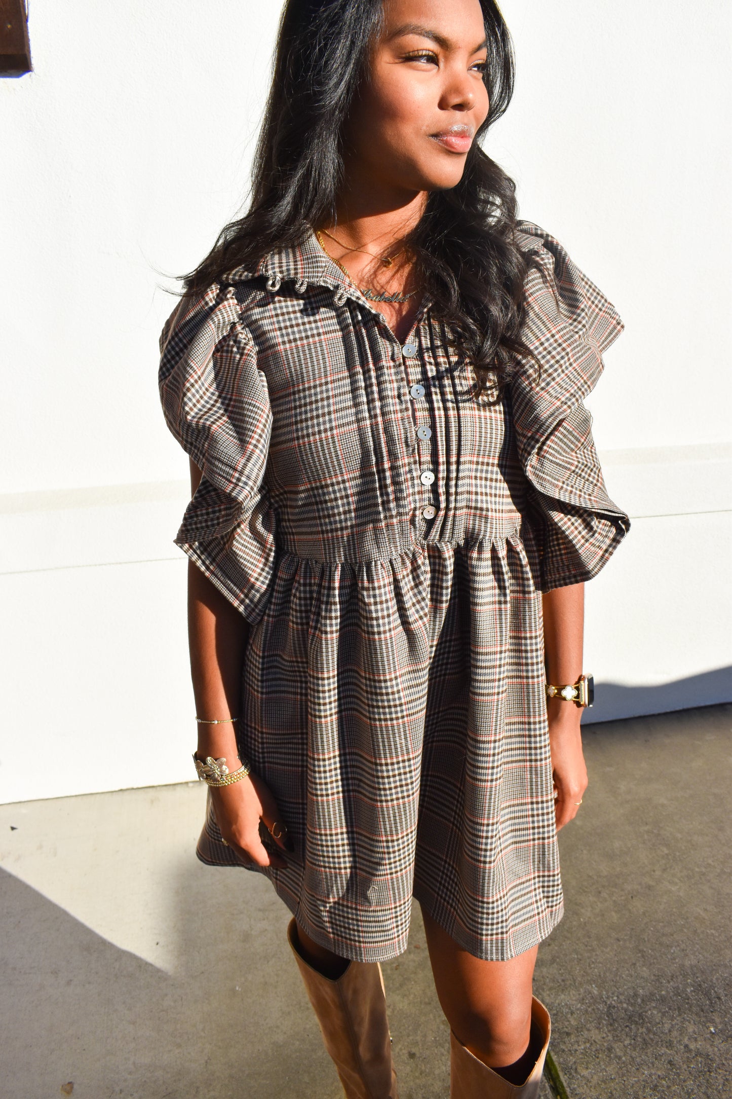 Ruffle Sleeves Pintuck Plaid Mini Dress