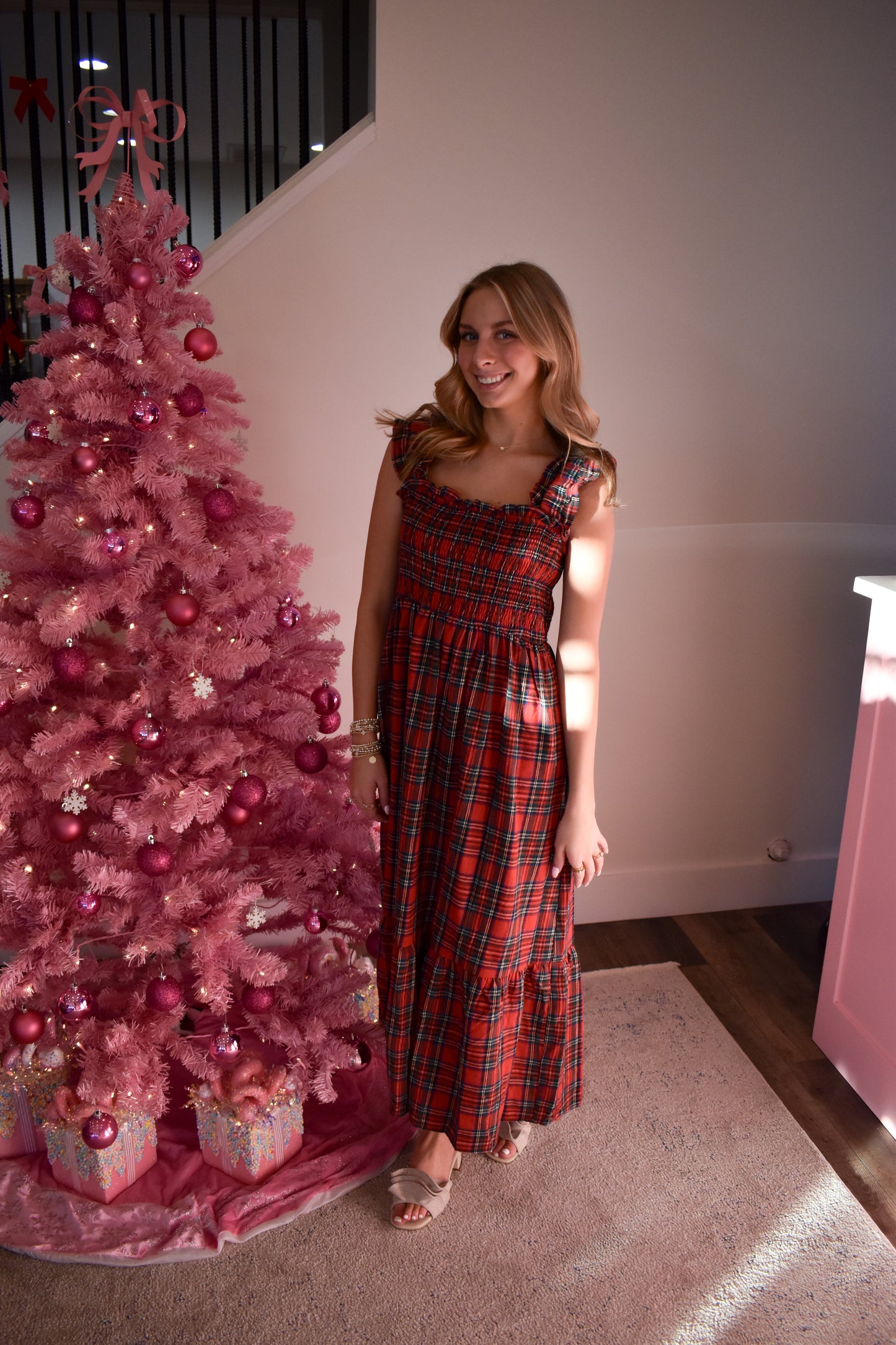 Plaid Smocked Dress W/ Ruffle Hem