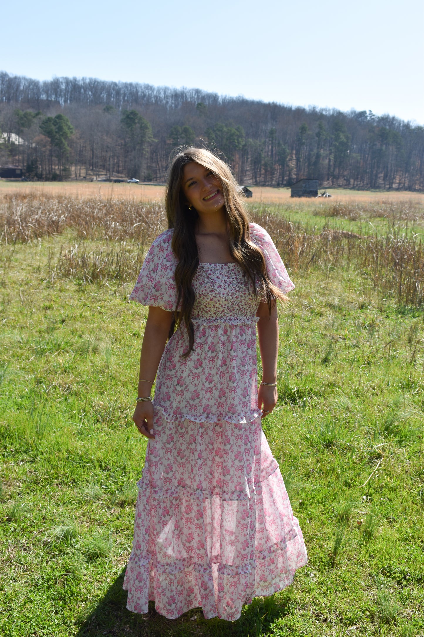 Bubble Floral Bow Maxi Dress