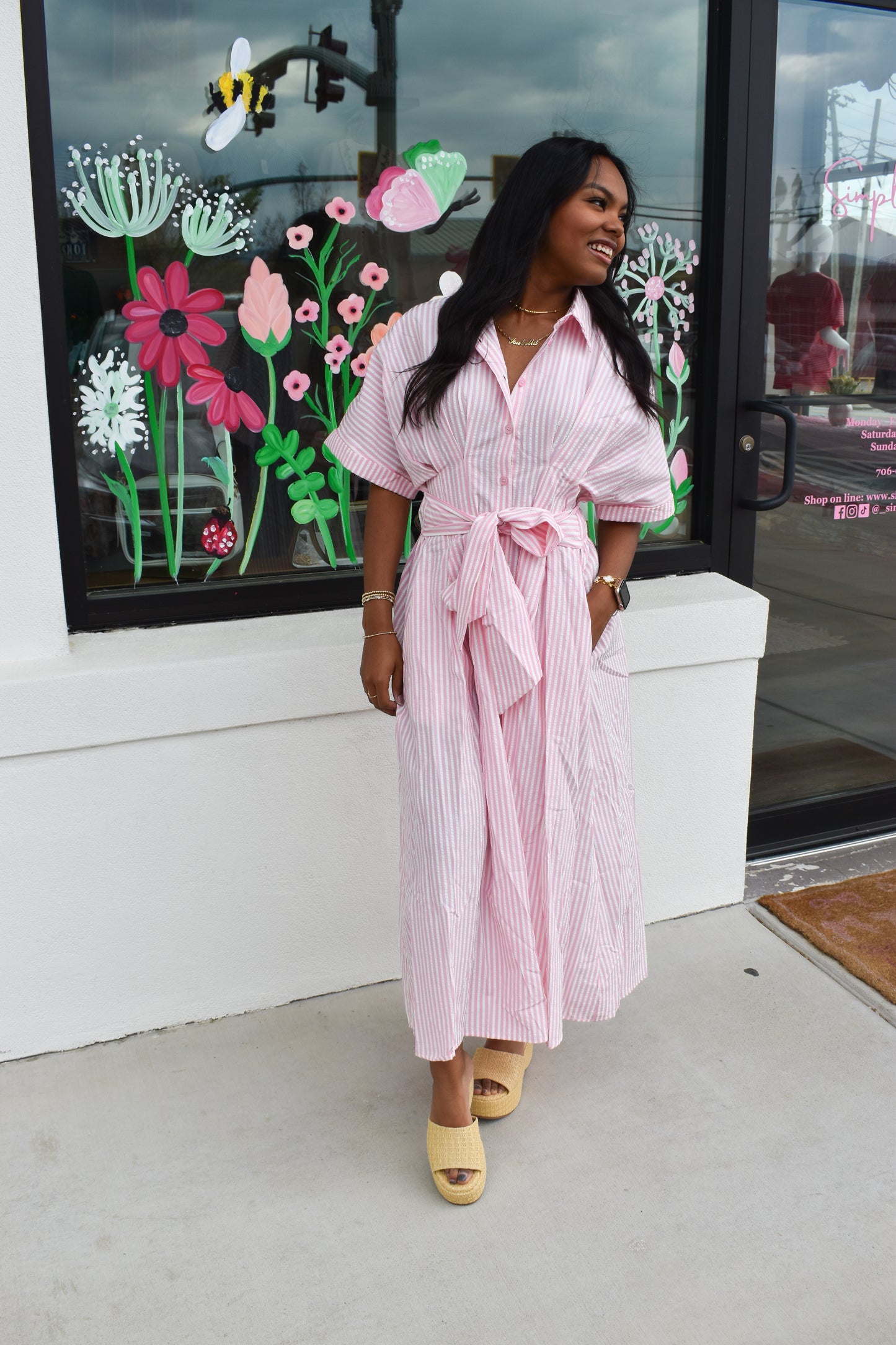 Seer Sucker Striped W/ Bow Tie Maxi Dress