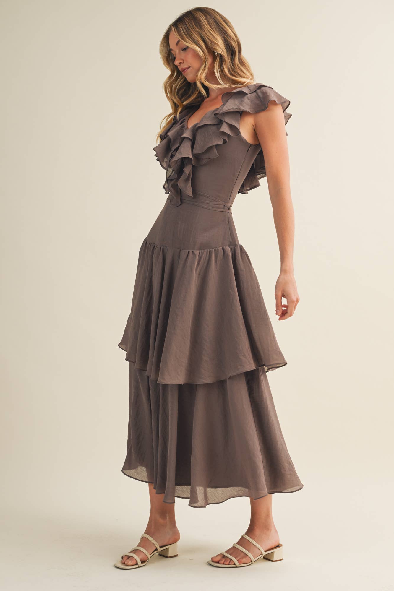 V-Neck Ruffle Cascade Tiered Dress