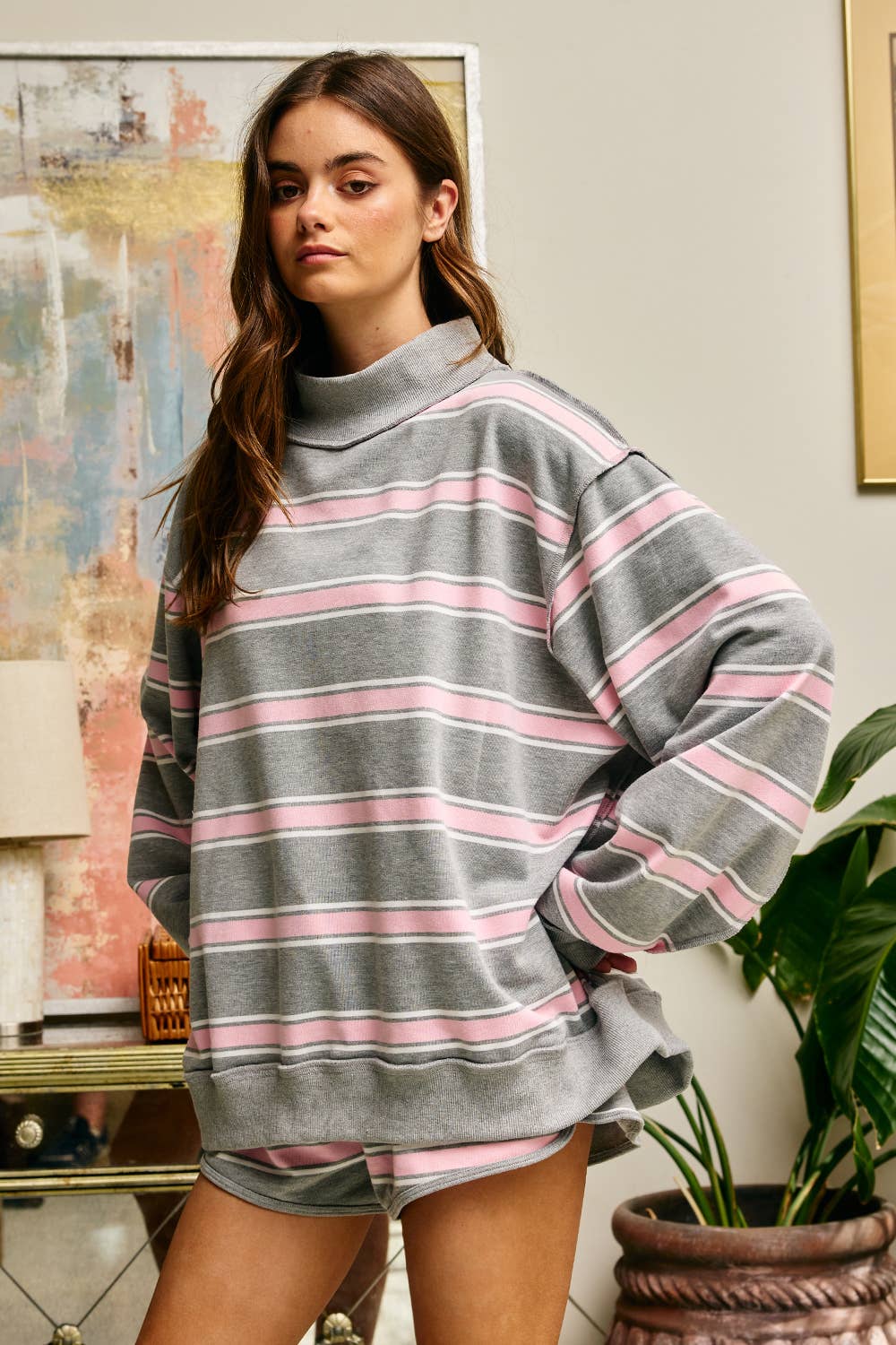 Stripe Print Mock Neck Oversized Sweatshirt