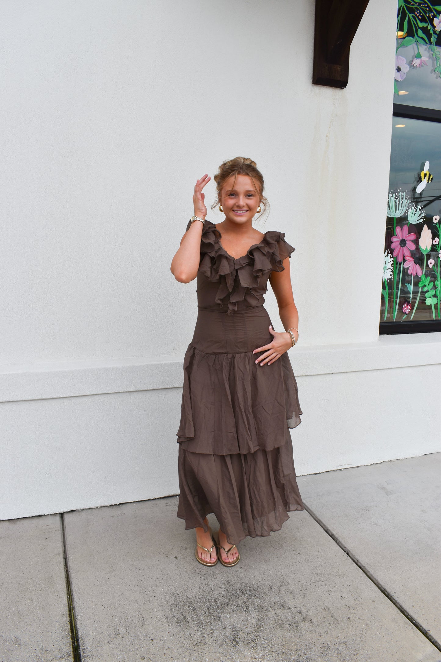 V-Neck Ruffle Cascade Tiered Dress