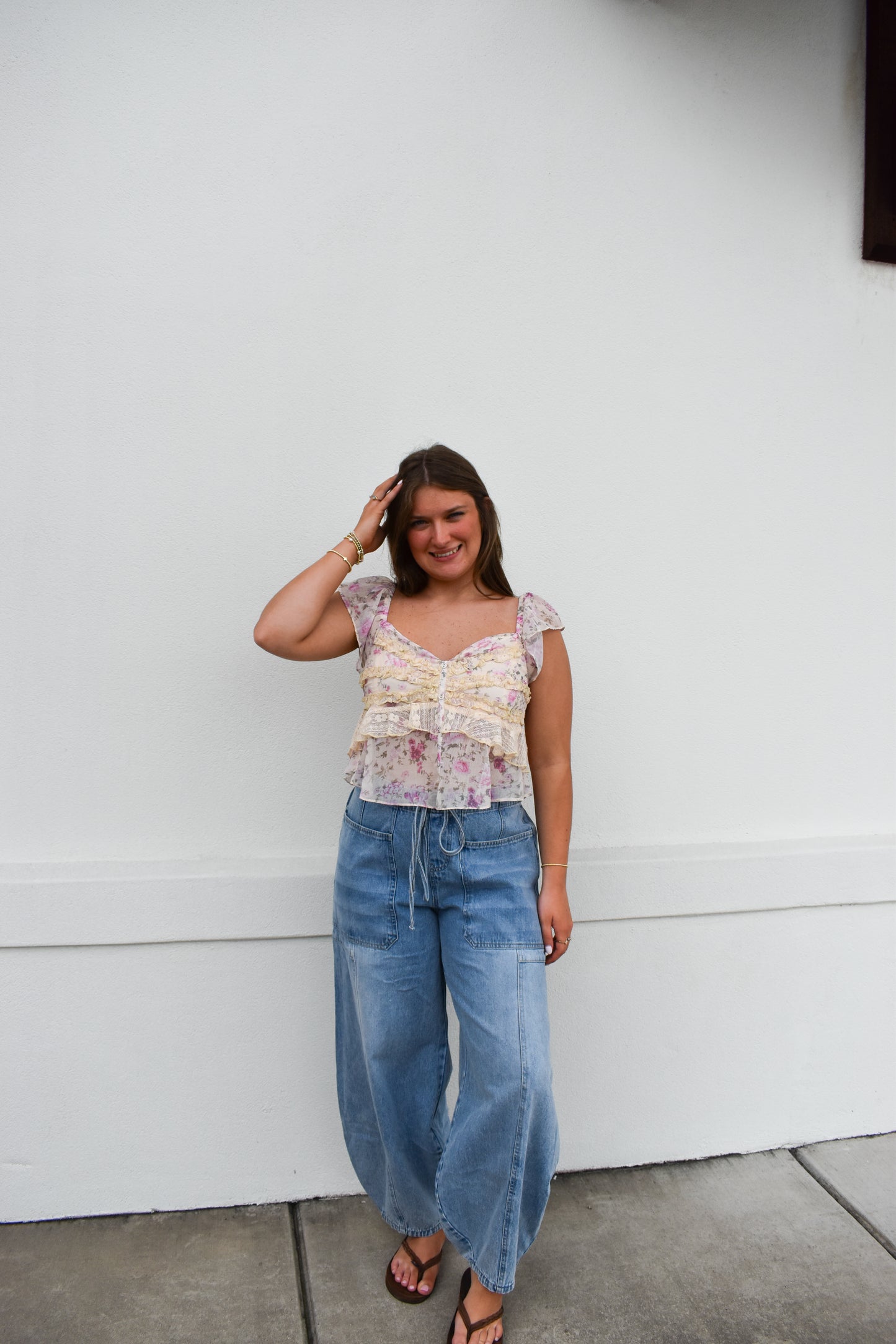 Floral Print Ruffle Lace Sweetheart Top