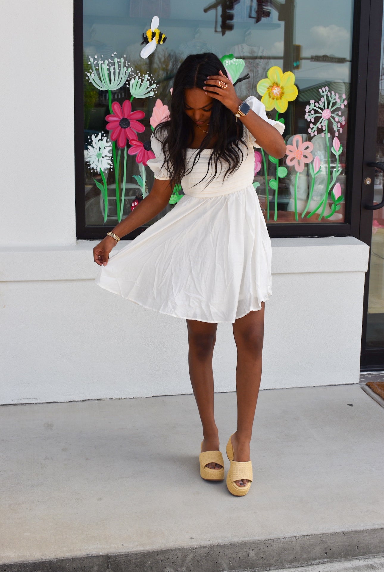 Pleated Puff Sleeve Mini Dress