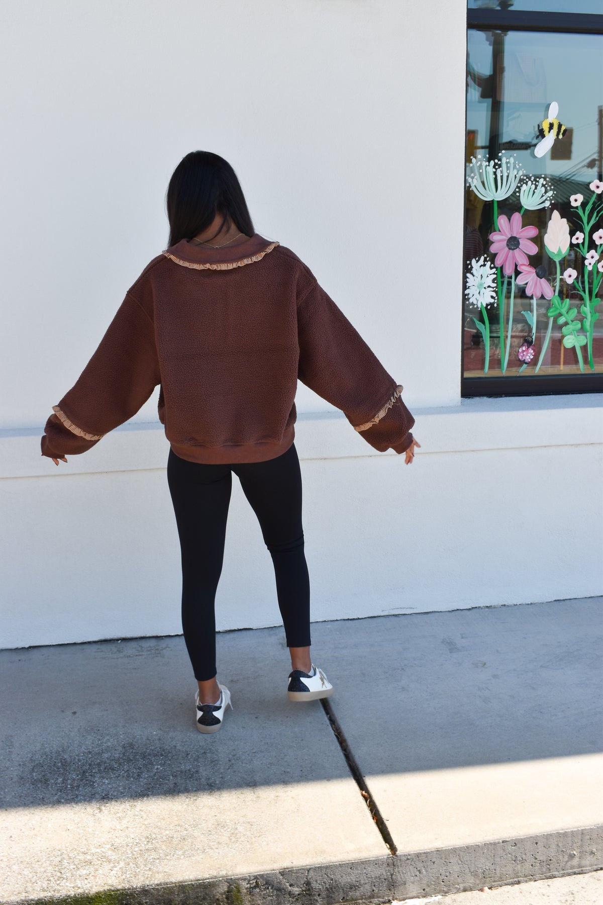 Gingham Fleece Collared Pullover: Brown