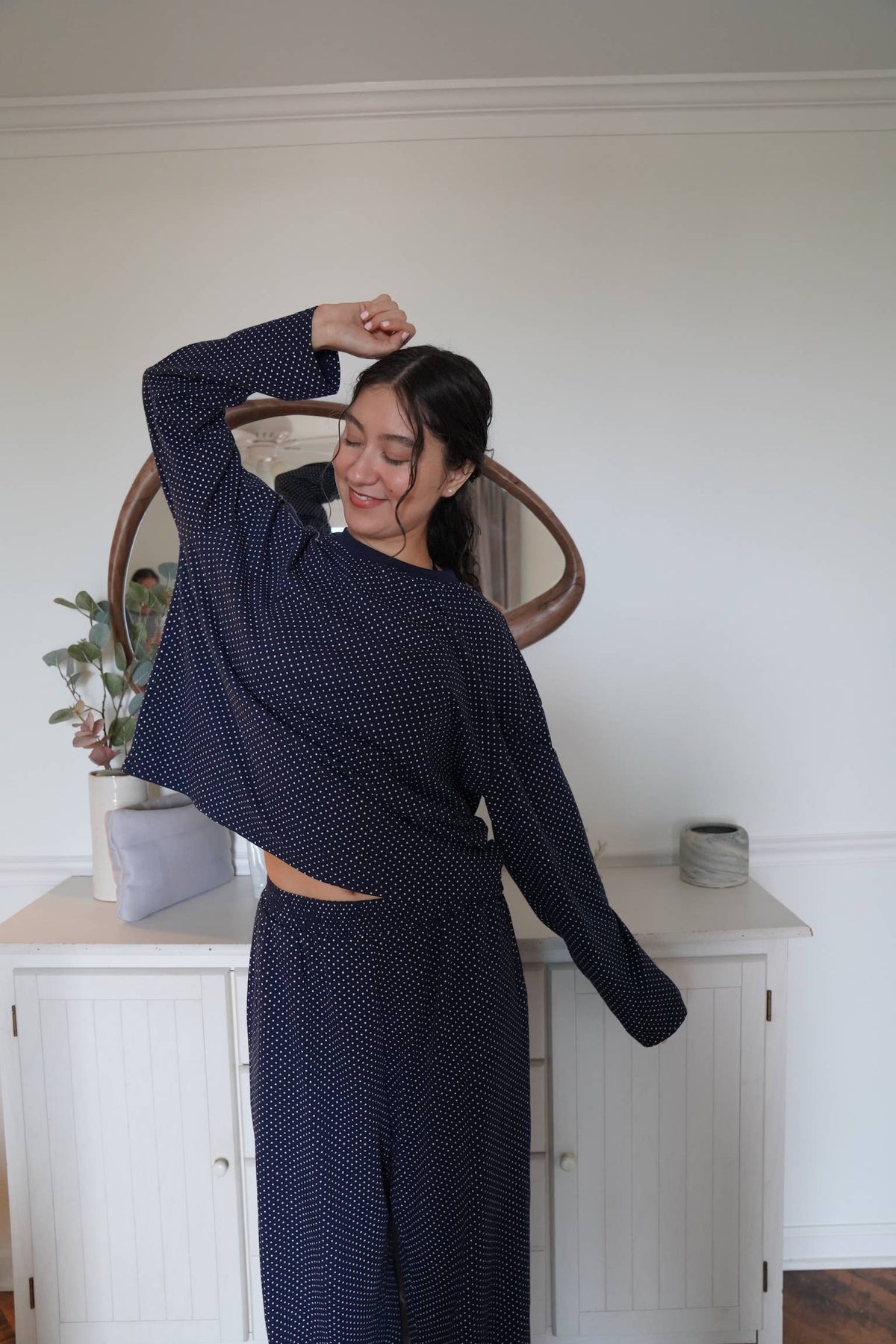 Navy Blue Polka Dot Loungewear Long Sleeve Top
