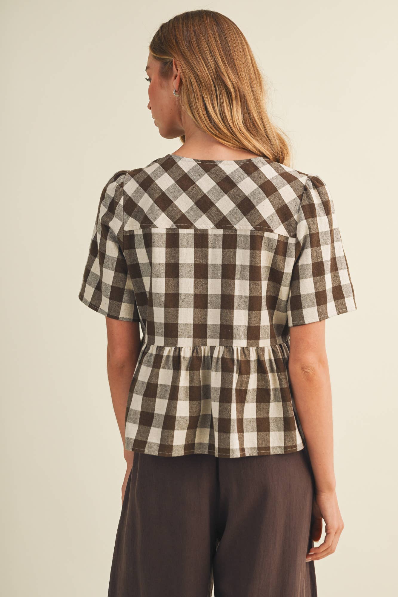 Keyhole Tie-Neck Gingham Peplum Blouse