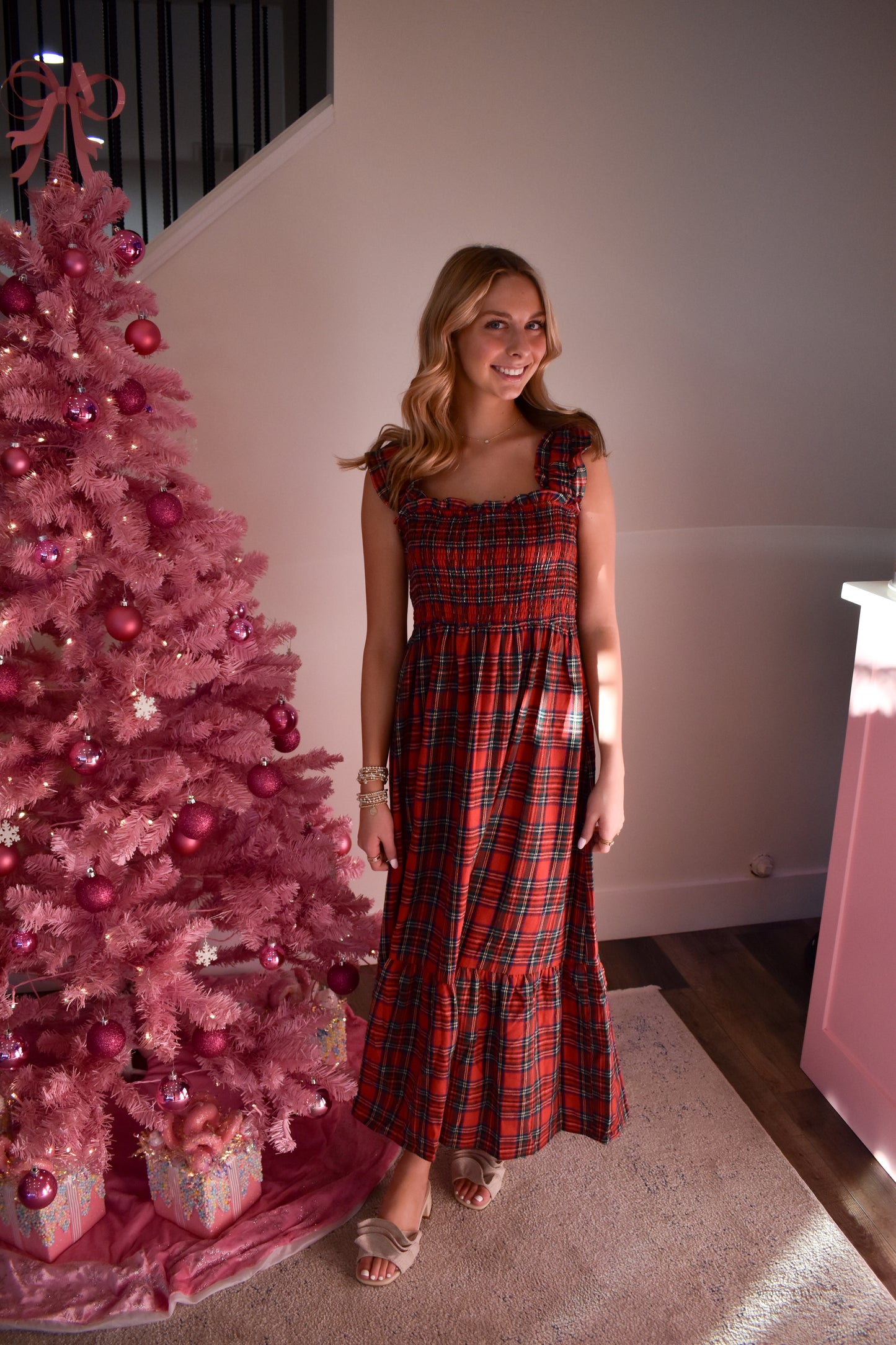 Plaid Smocked Dress W/ Ruffle Hem