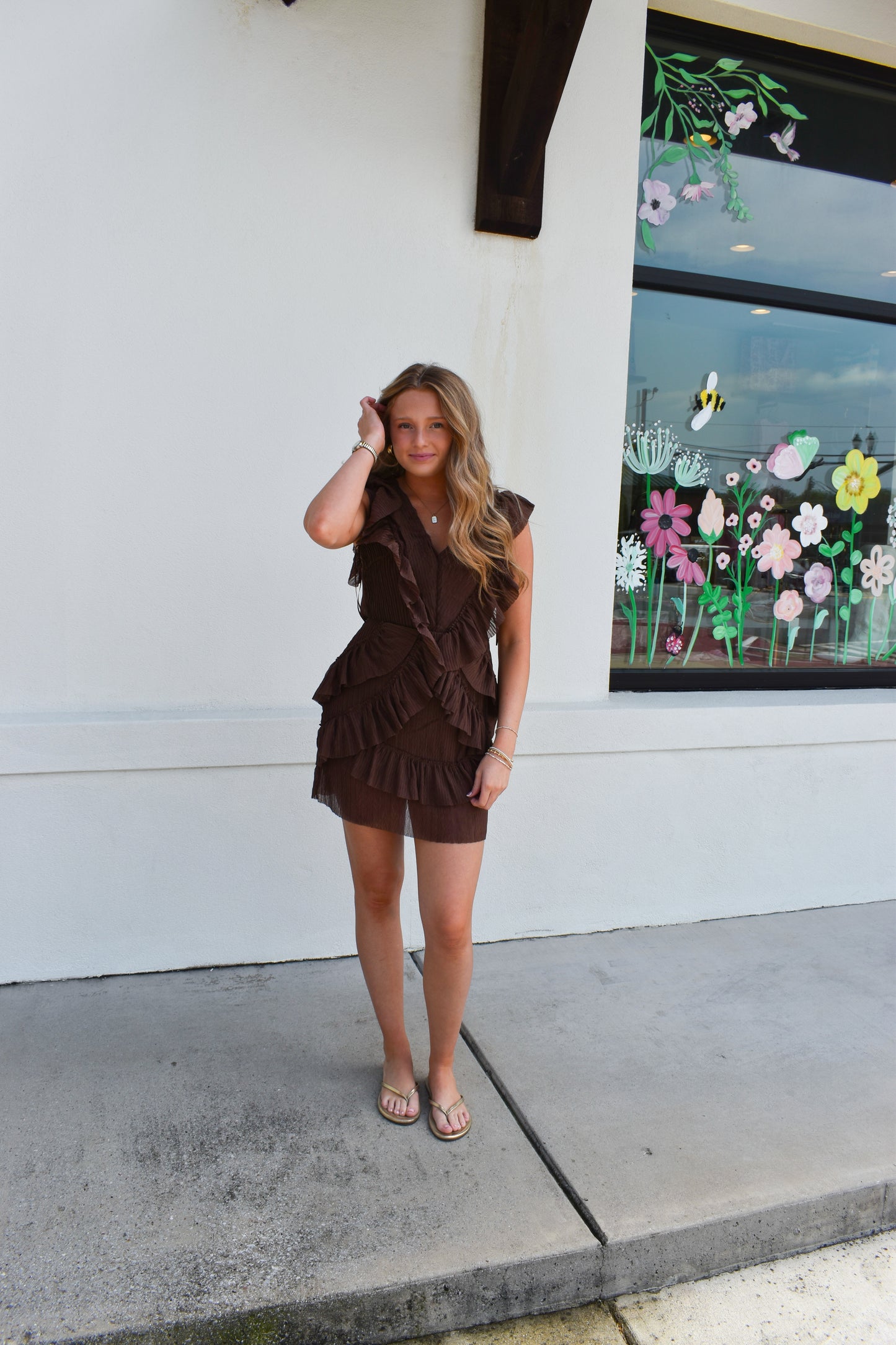 Ruffle Cutout V Neck Mini Dress