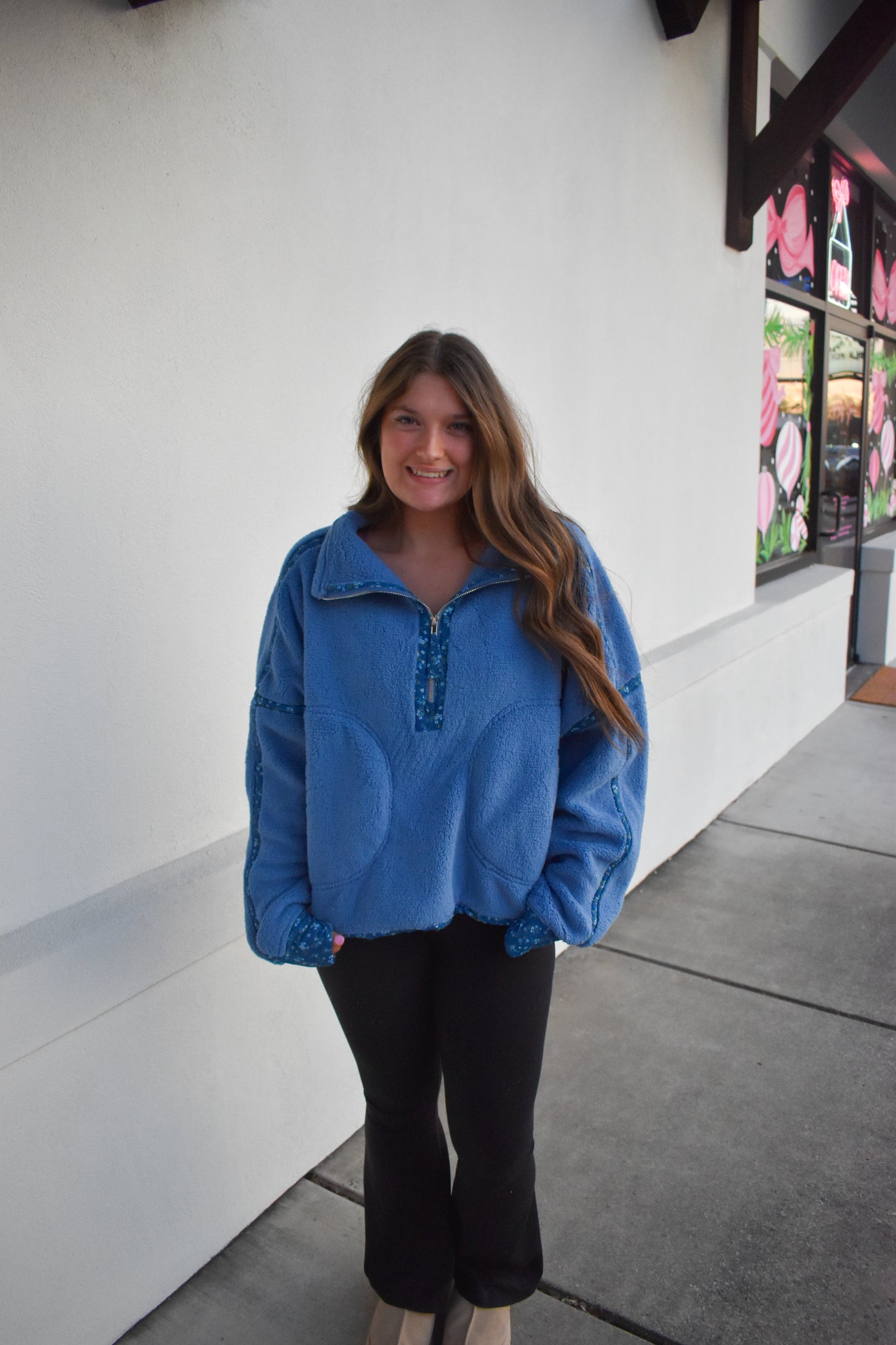 Floral Piping Detail Sherpa Jacket