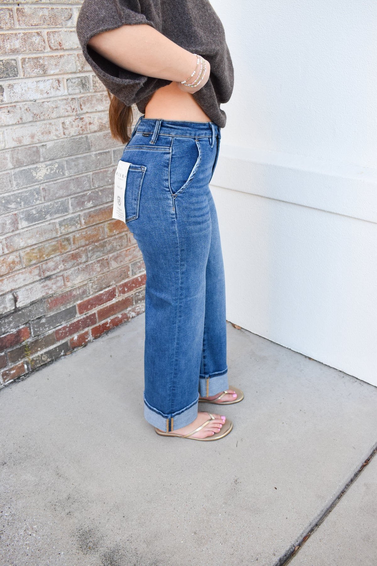 Tummy Control High Rise Ankle Wide Cuffed Jeans: Dark