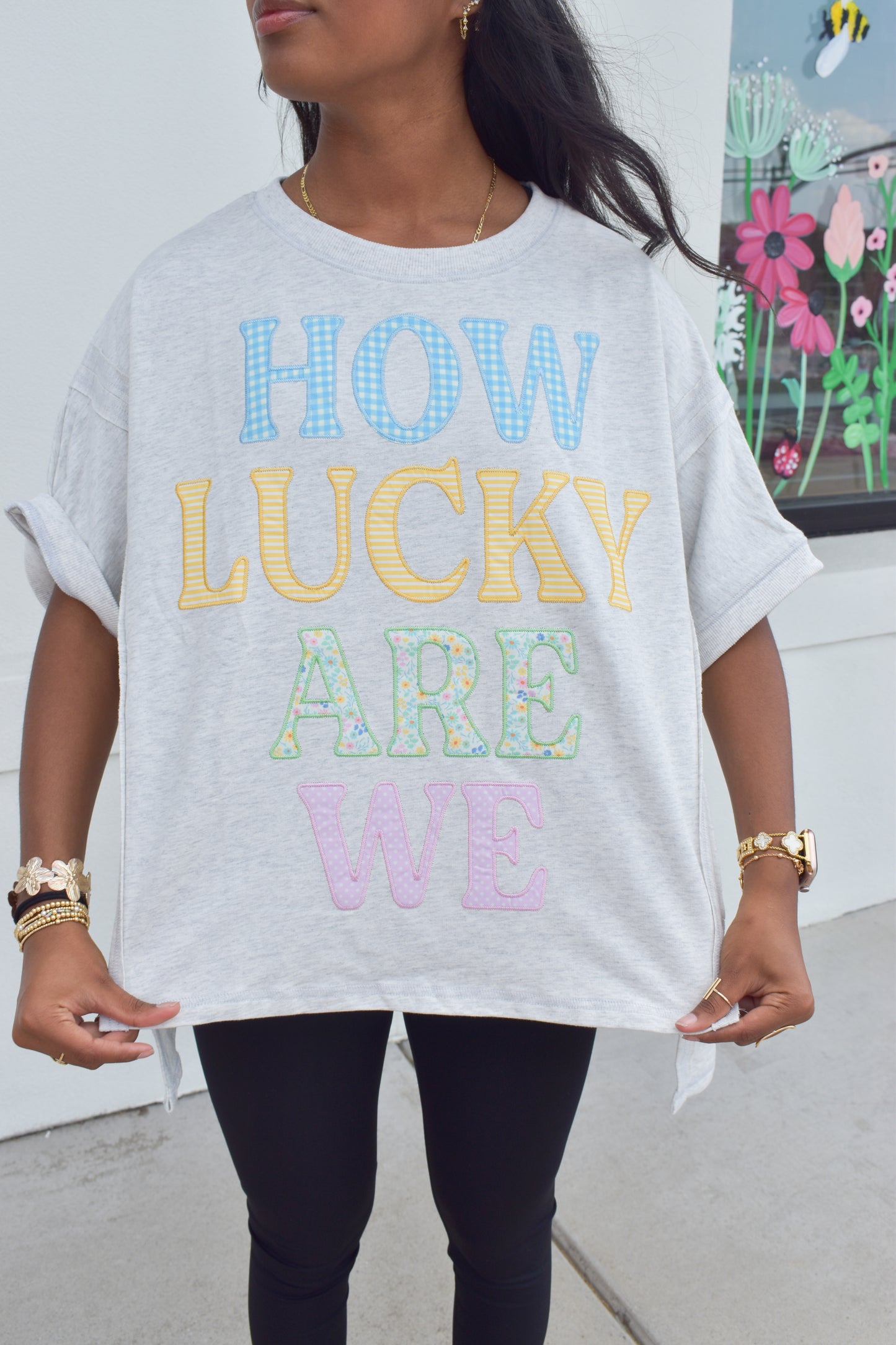 How Lucky Are We Patch Zigzag Dolman Top