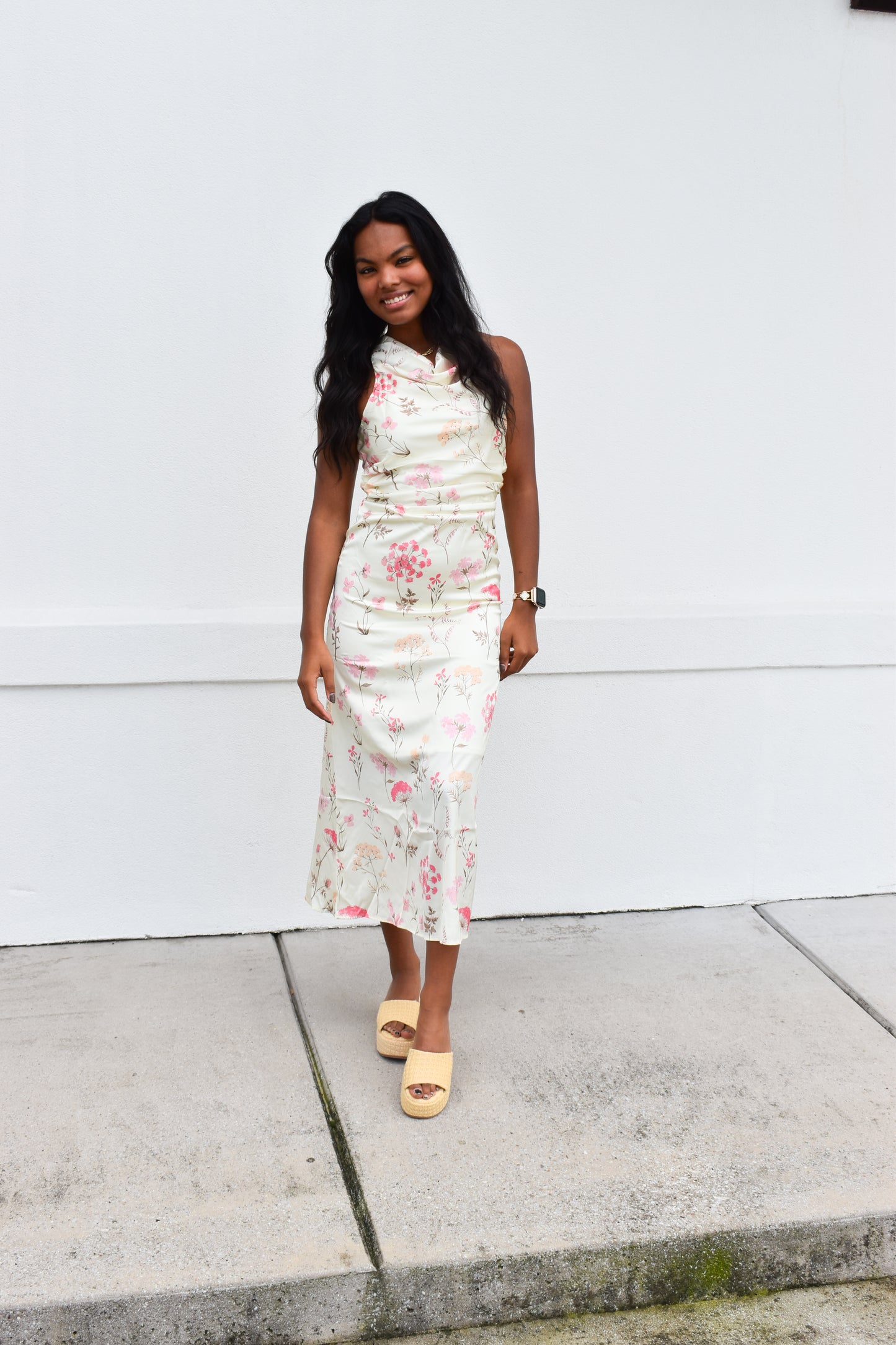 Cowl Neck Floral Midi Dress