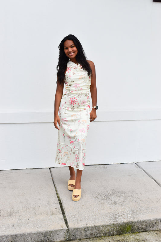 Cowl Neck Floral Midi Dress