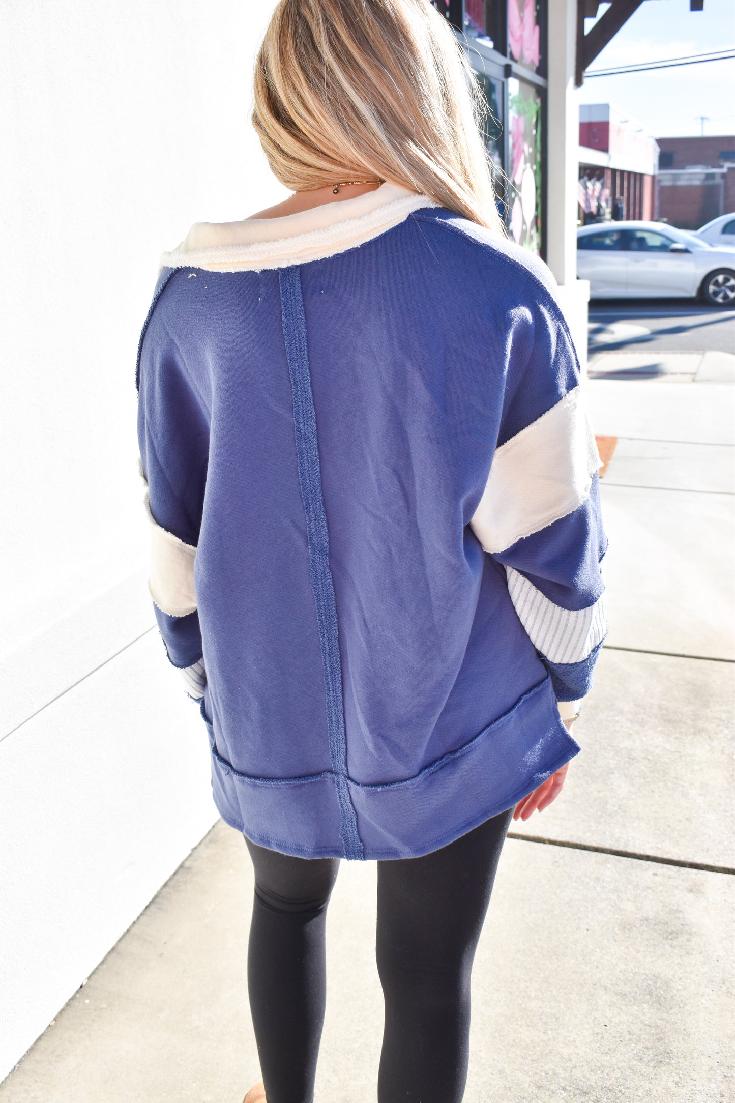 Terry Knit Collared Top: Navy/Cream