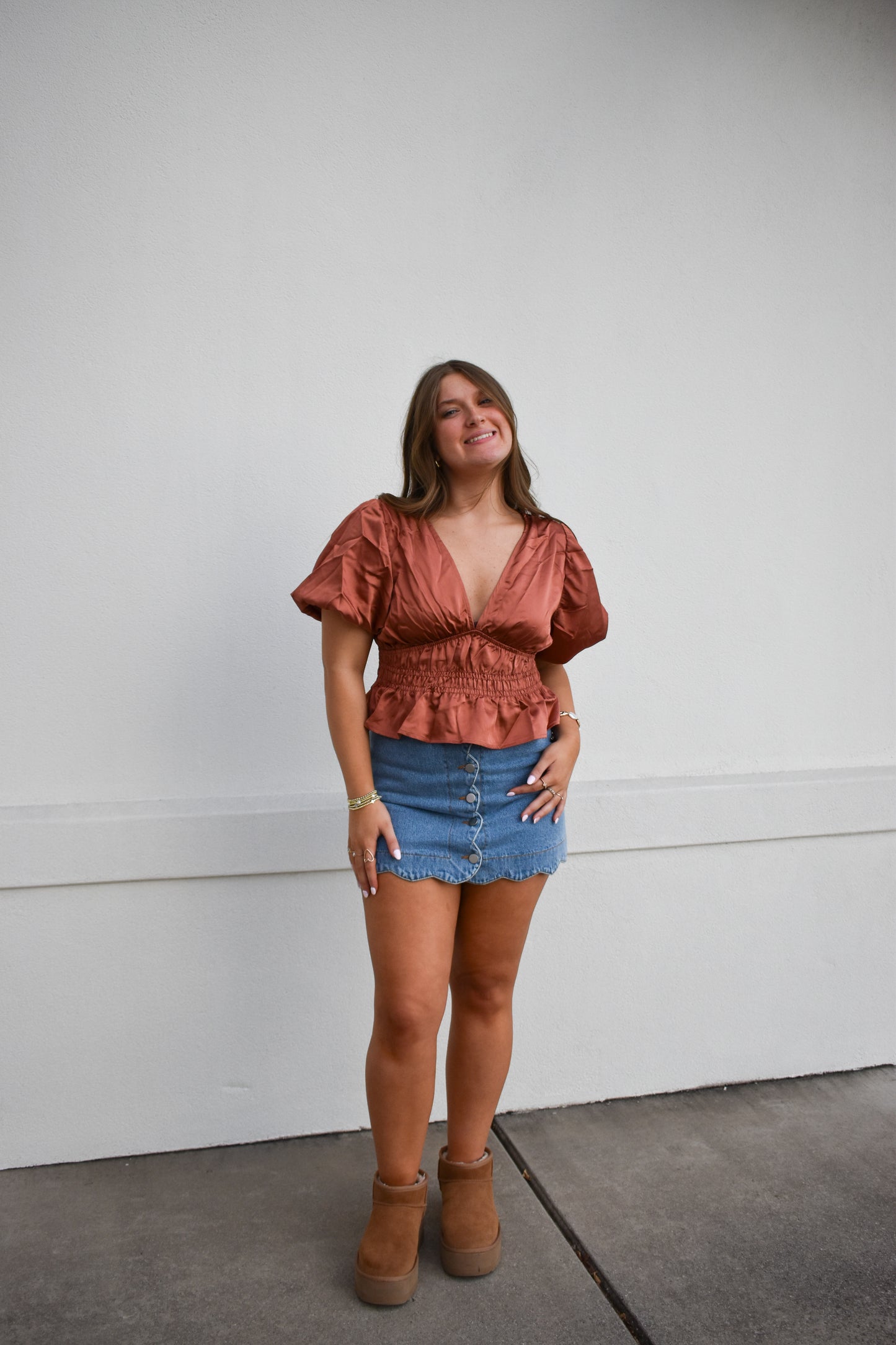 V Neck Satin Bubble Sleeve Top