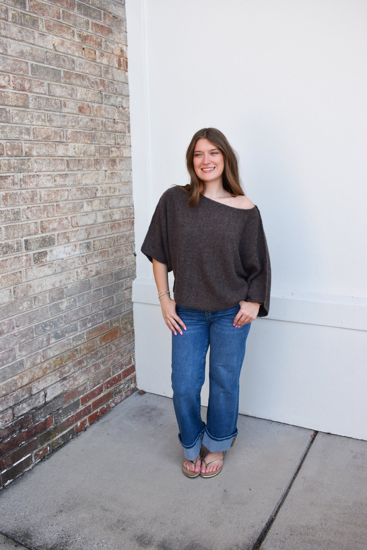 Gloria One Shoulder Knit Top: Brown