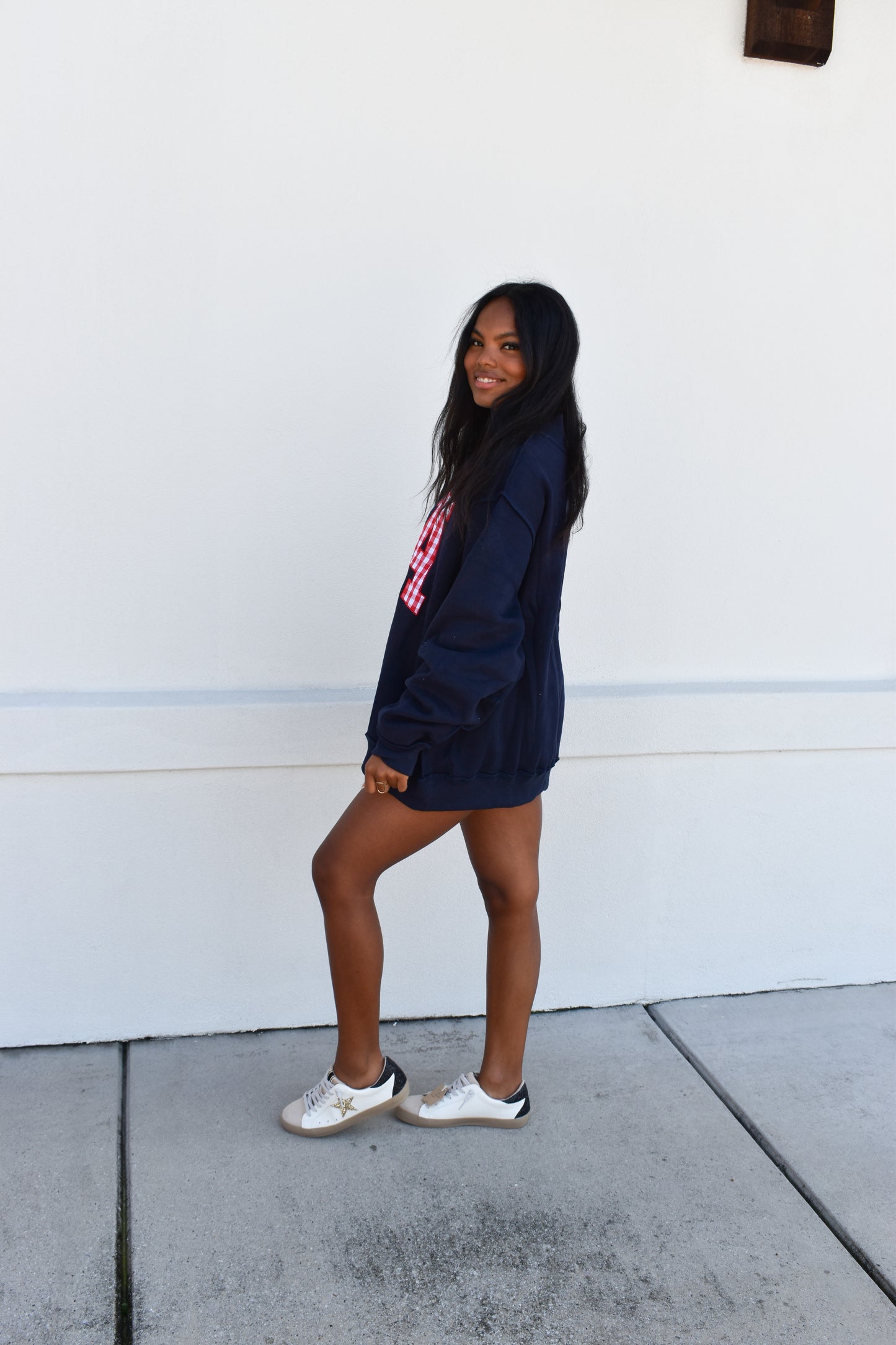 Gingham Embroidery "USA" Mock Neck Sweatshirt