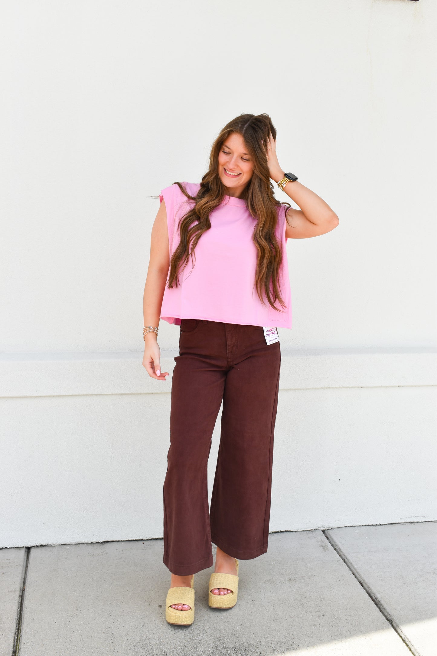 Risen Adjustable Waist High Rise Pants: Chocolate