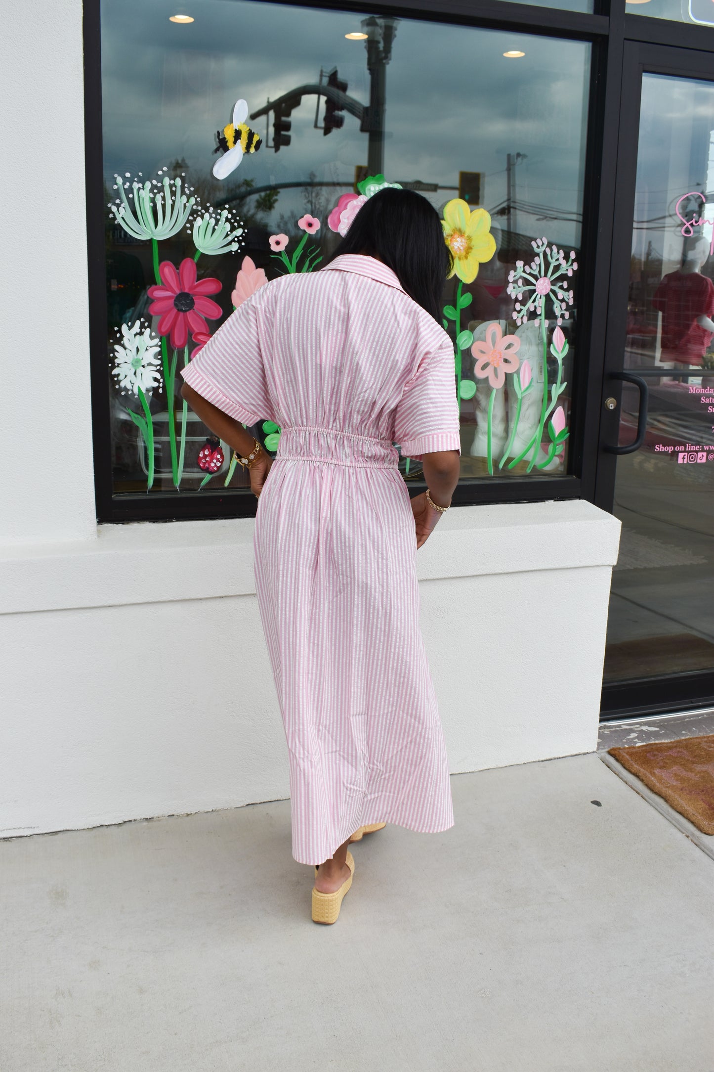 Seer Sucker Striped W/ Bow Tie Maxi Dress