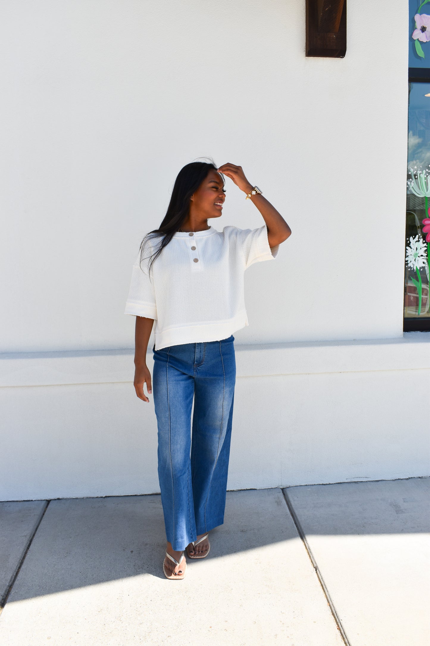 Henley Short Sleeve Waffle Knit Top