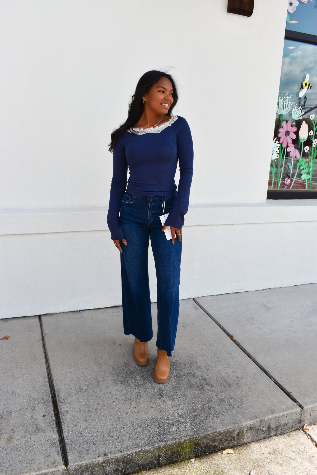 Lace Scoop Neck Blue Top
