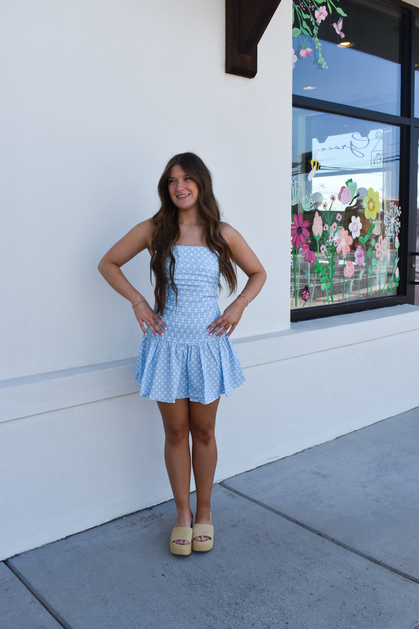 Blue Polka Dot Pleated Mini Dress