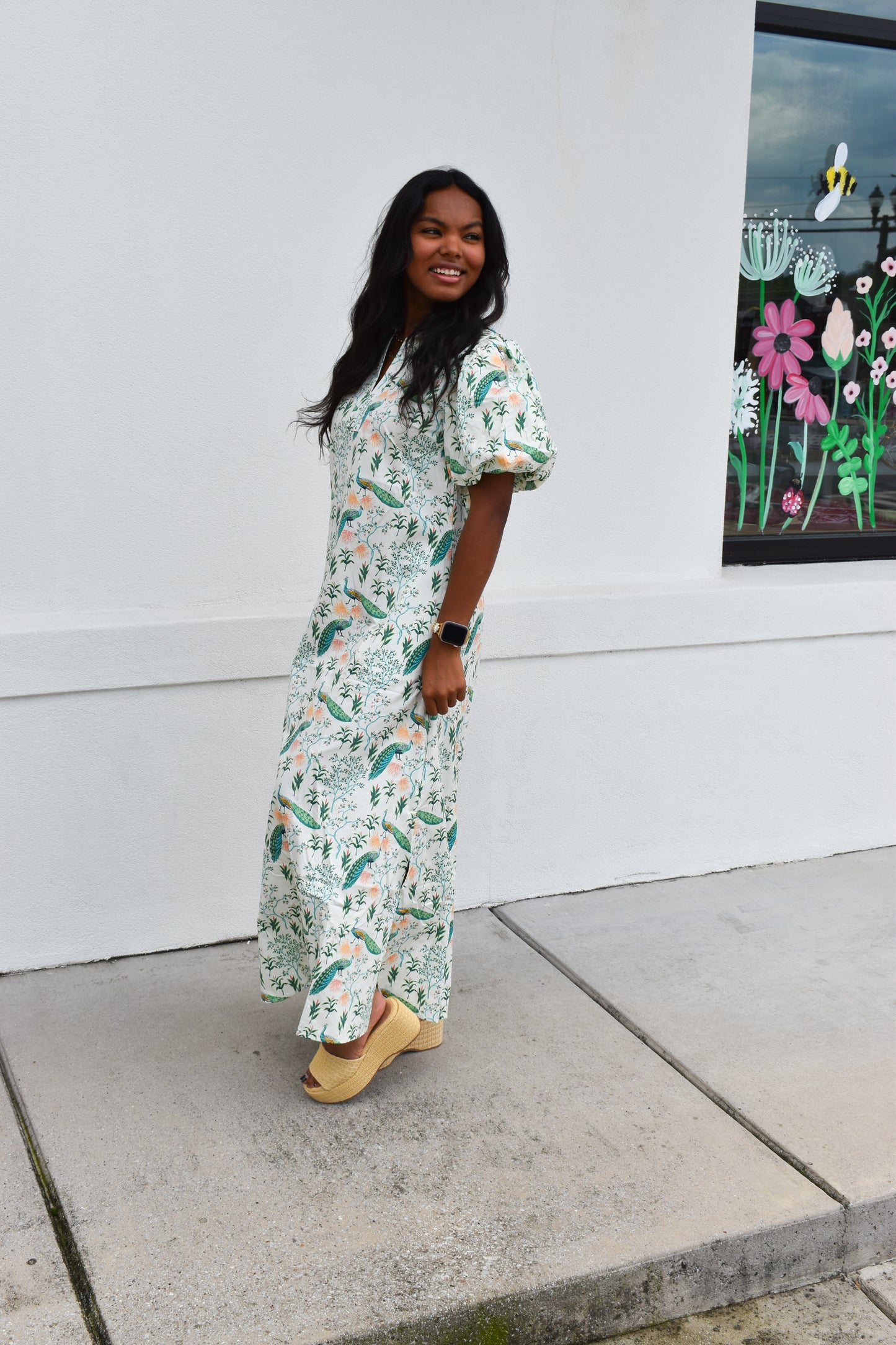 Peacock Print Puff Sleeve Midi Dress