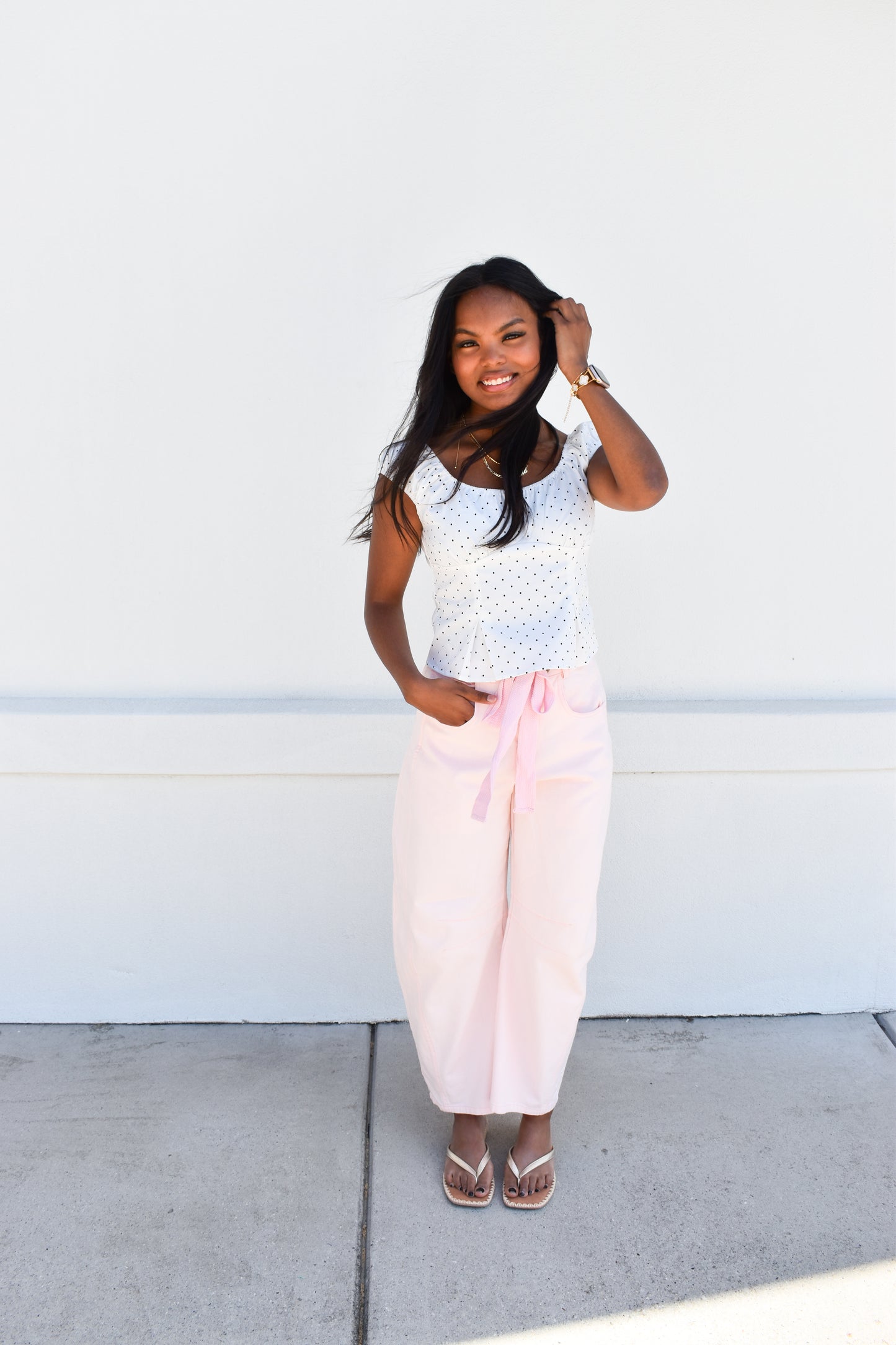 Pink Eyelet Thru Cotton Belt Barrel Jean