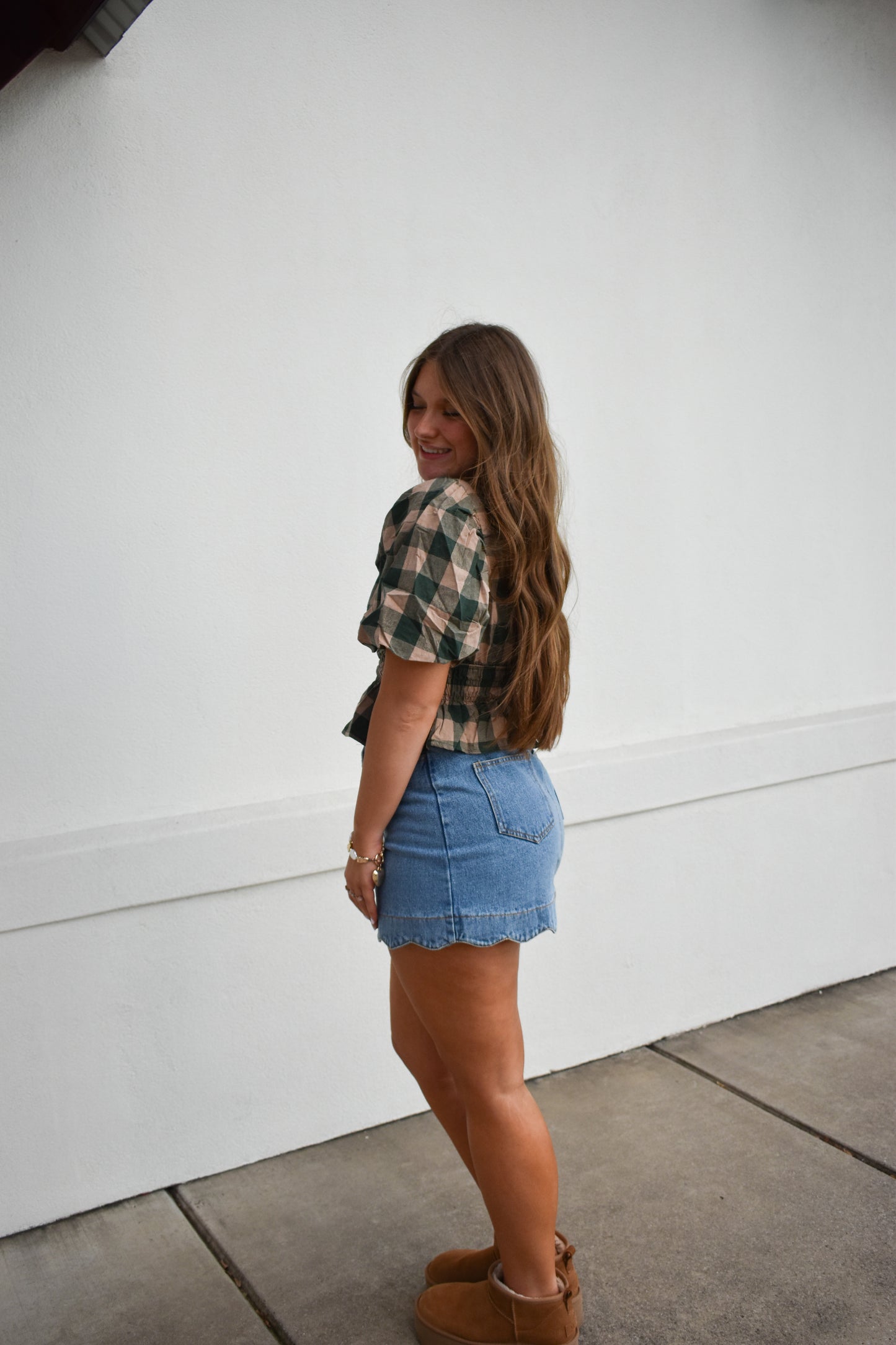 Gingham Bubble V Neck Top