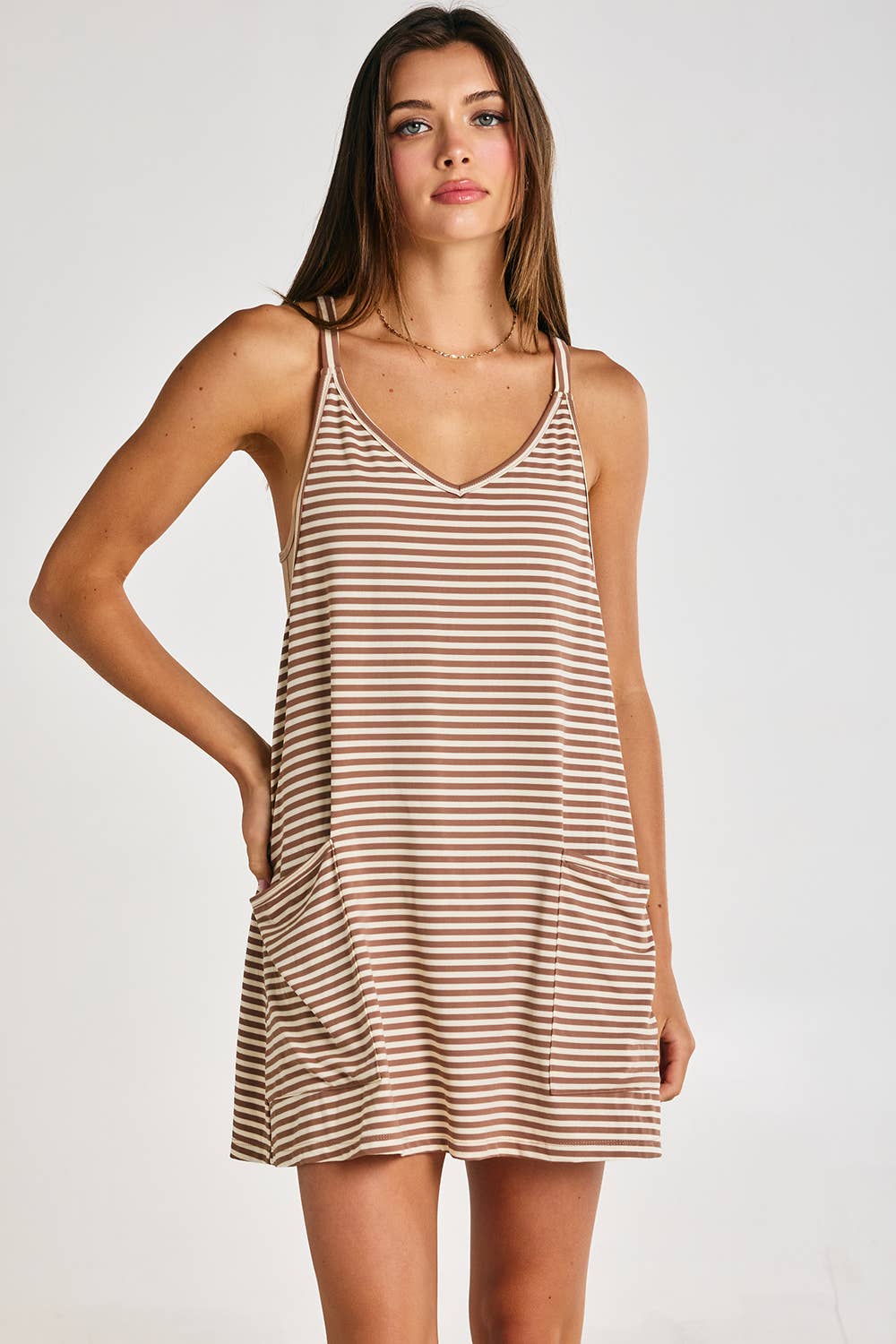 Striped Romper Dress W/ Built In Romper: Brown