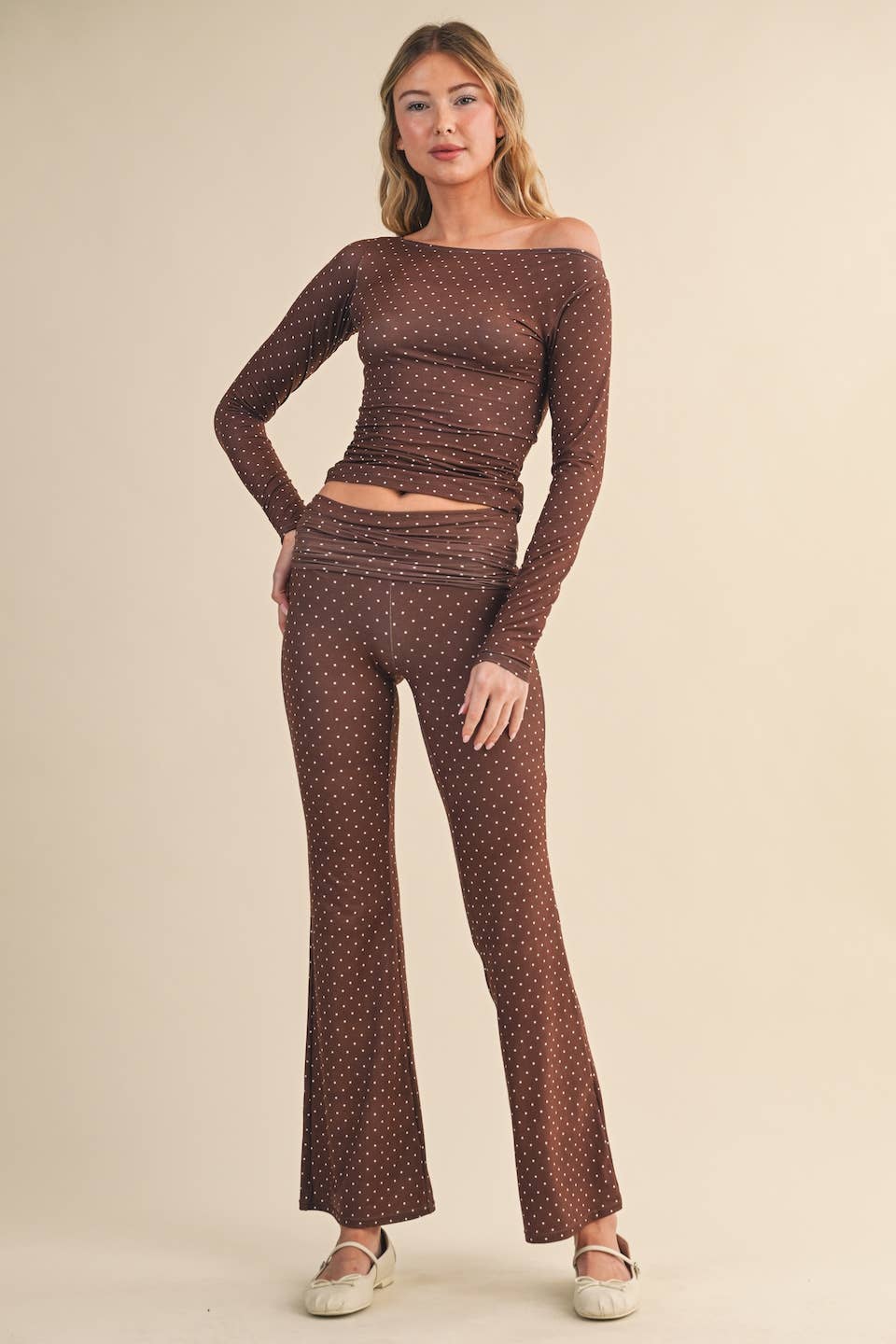 Polka Dot Print Soft Knit Off The Shoulder Top