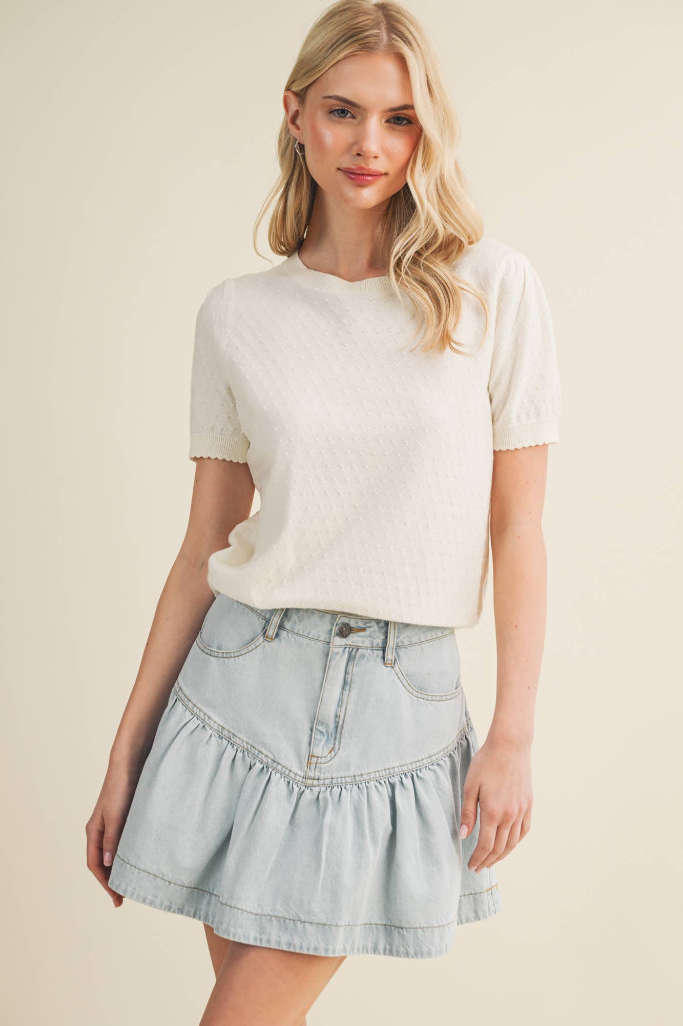 Starburst Pointelle Puff Sleeve Sweater