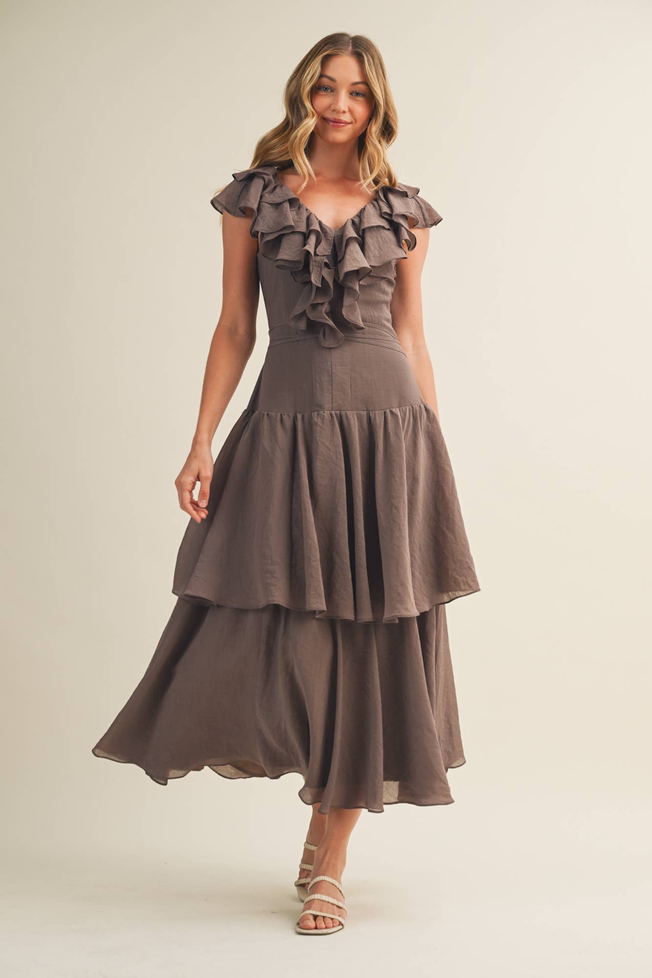 V-Neck Ruffle Cascade Tiered Dress