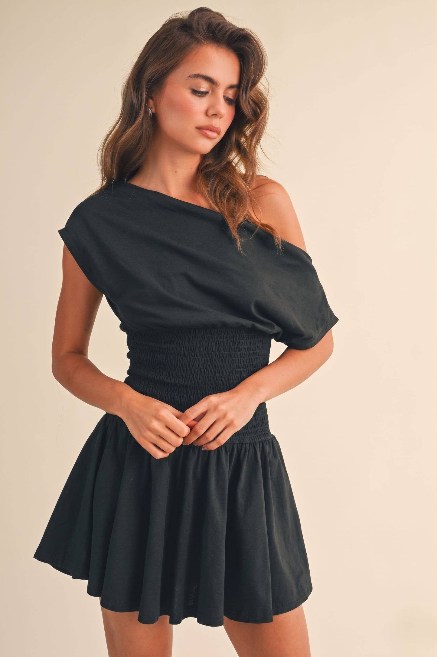 Off Shoulder Smocked Waist Dress: Black