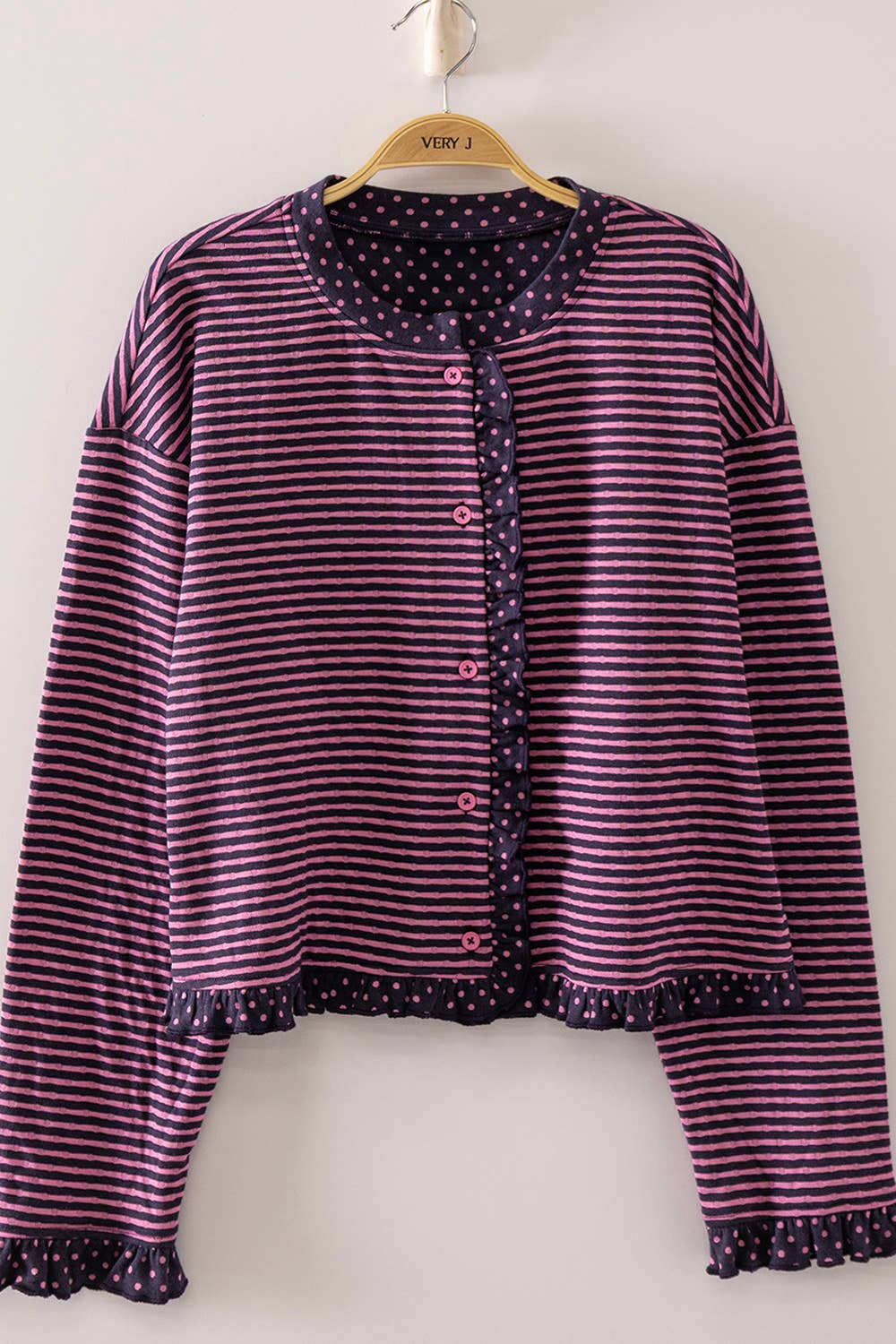 Polka Dot Trim Stripe Button-Up Cardigan
