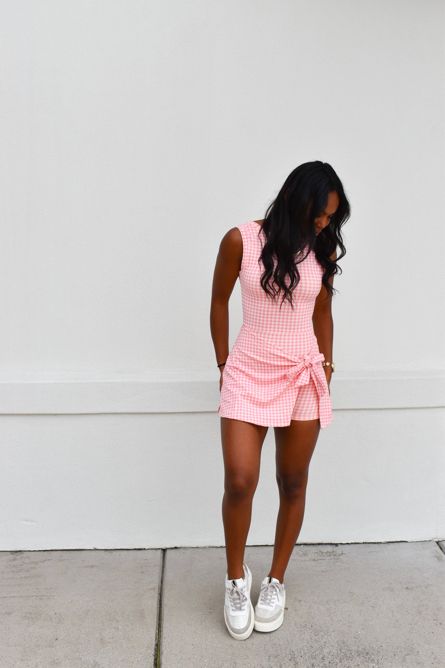 Gingham Athletic Wrap Tie Dress: Light Pink