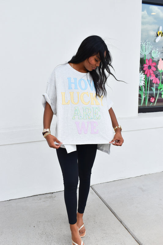 How Lucky Are We Patch Zigzag Dolman Top