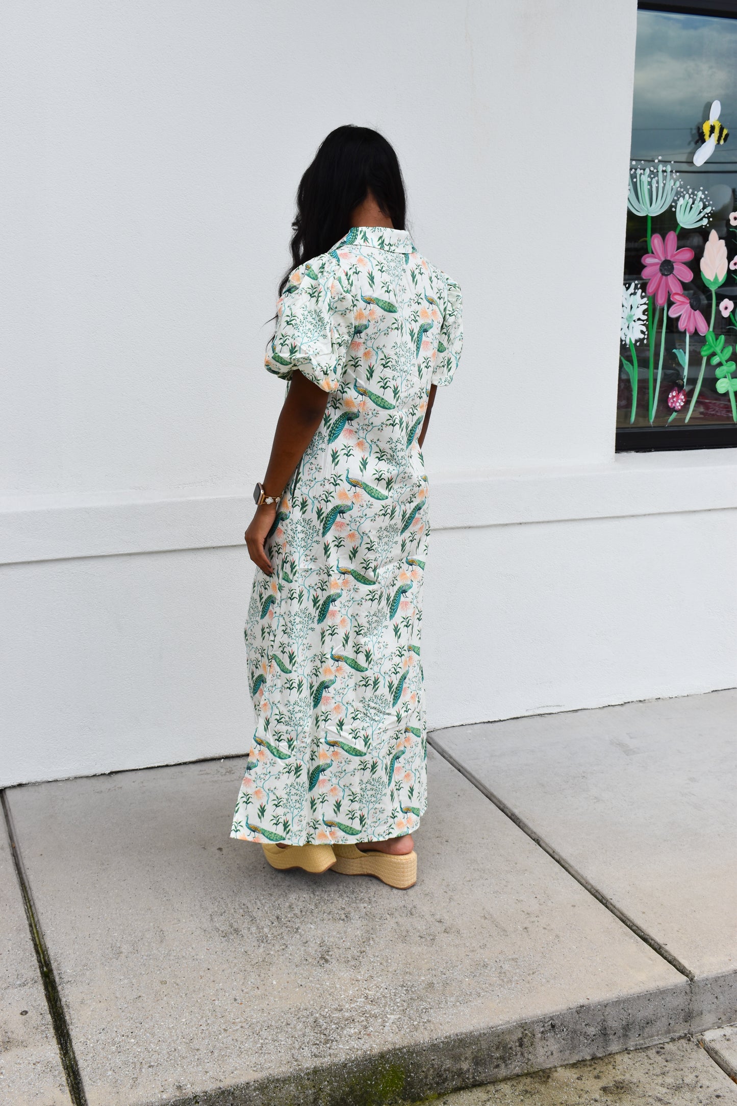 Peacock Print Puff Sleeve Midi Dress