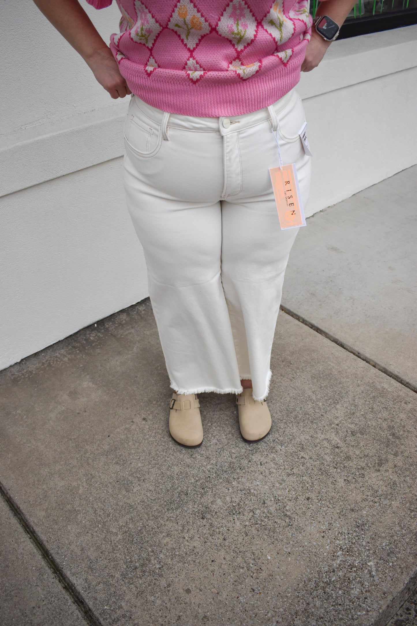 Risen White High Rise Crop Wide Pants W/ Stitching Detail