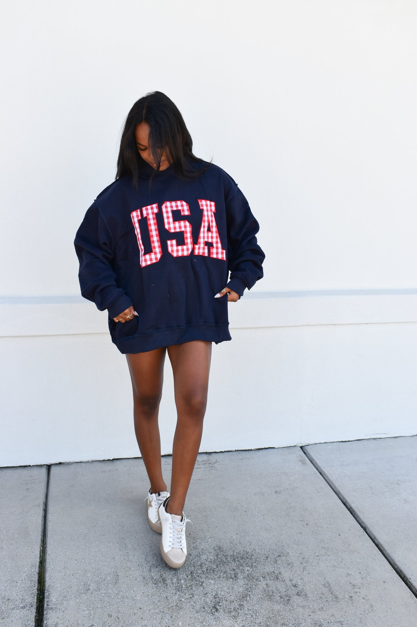 Gingham Embroidery "USA" Mock Neck Sweatshirt
