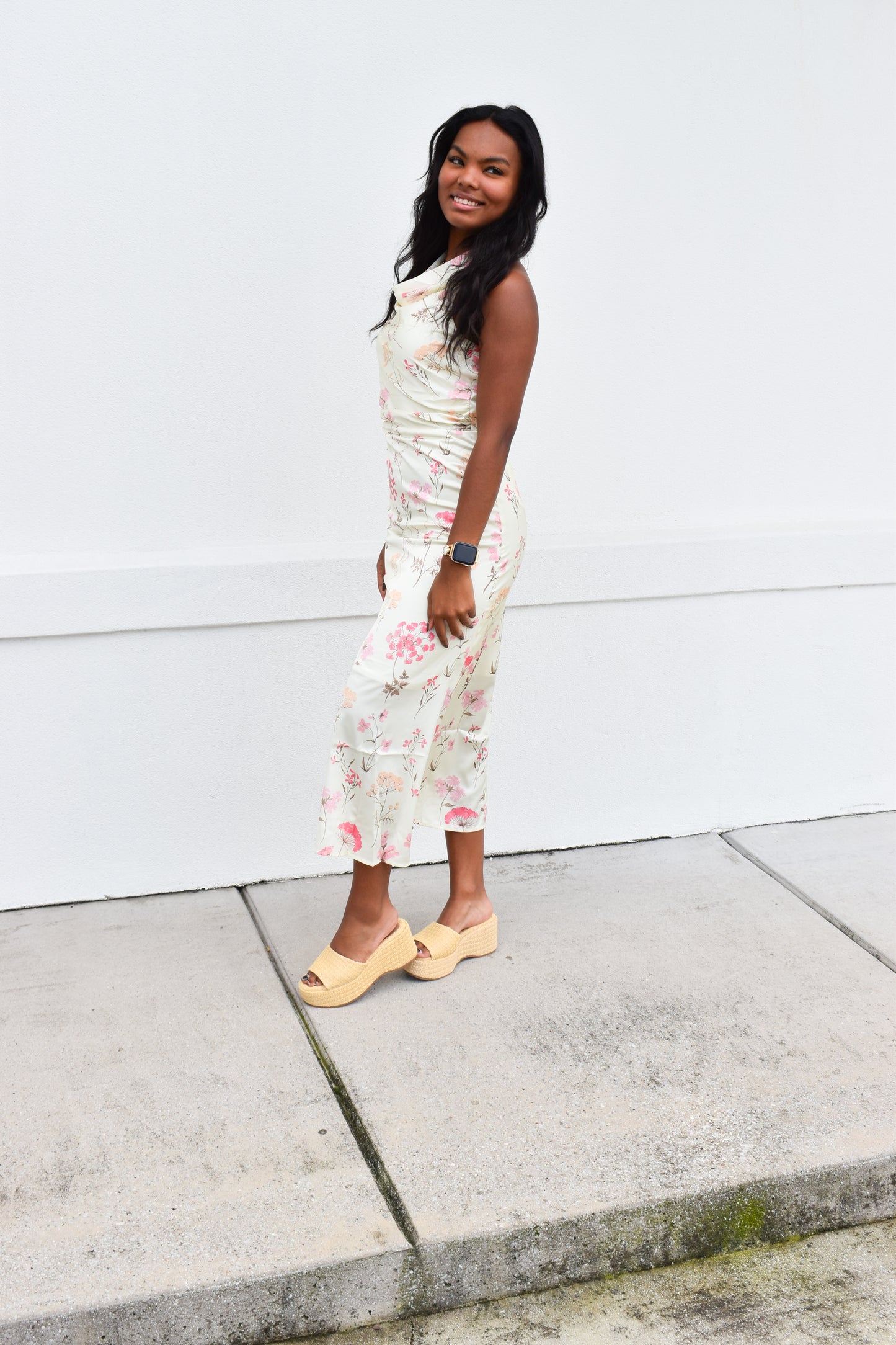 Cowl Neck Floral Midi Dress