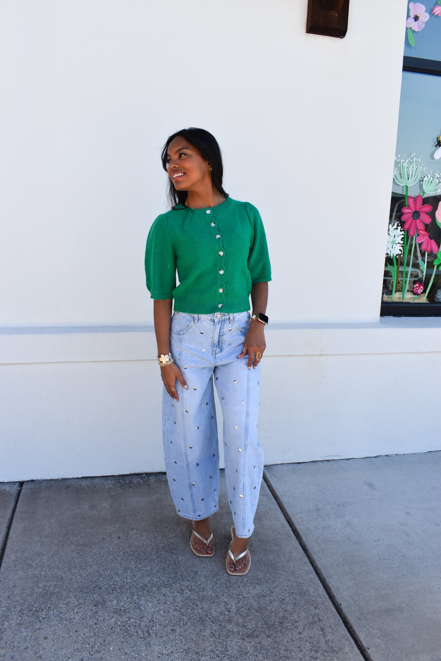 Green Button Short Sleeve Cardigan