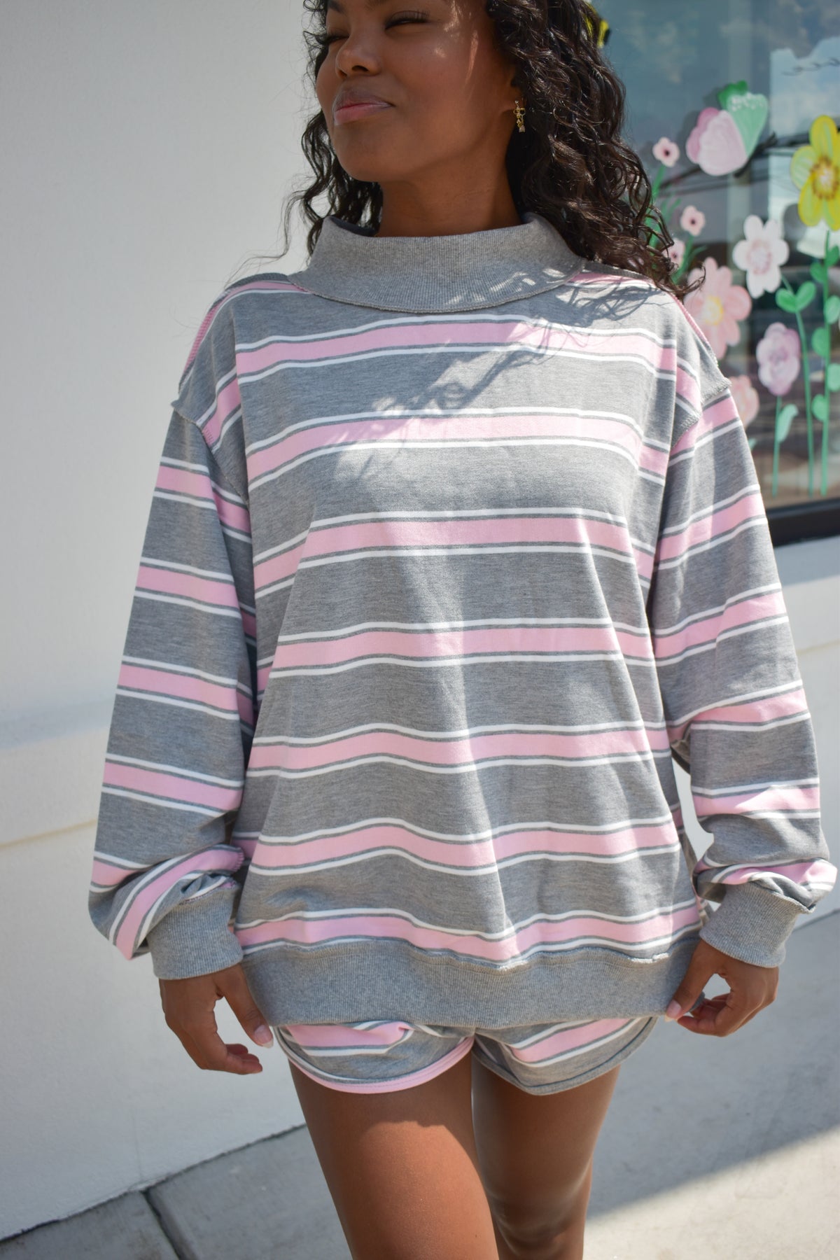 Stripe Print Mock Neck Oversized Sweatshirt