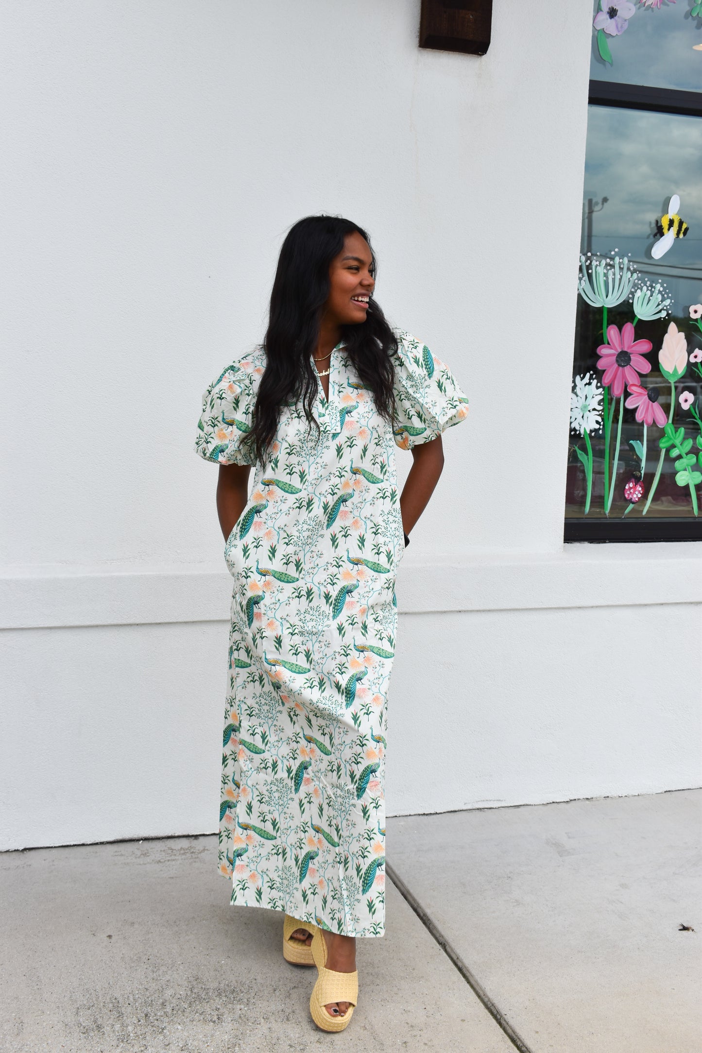 Peacock Print Puff Sleeve Midi Dress