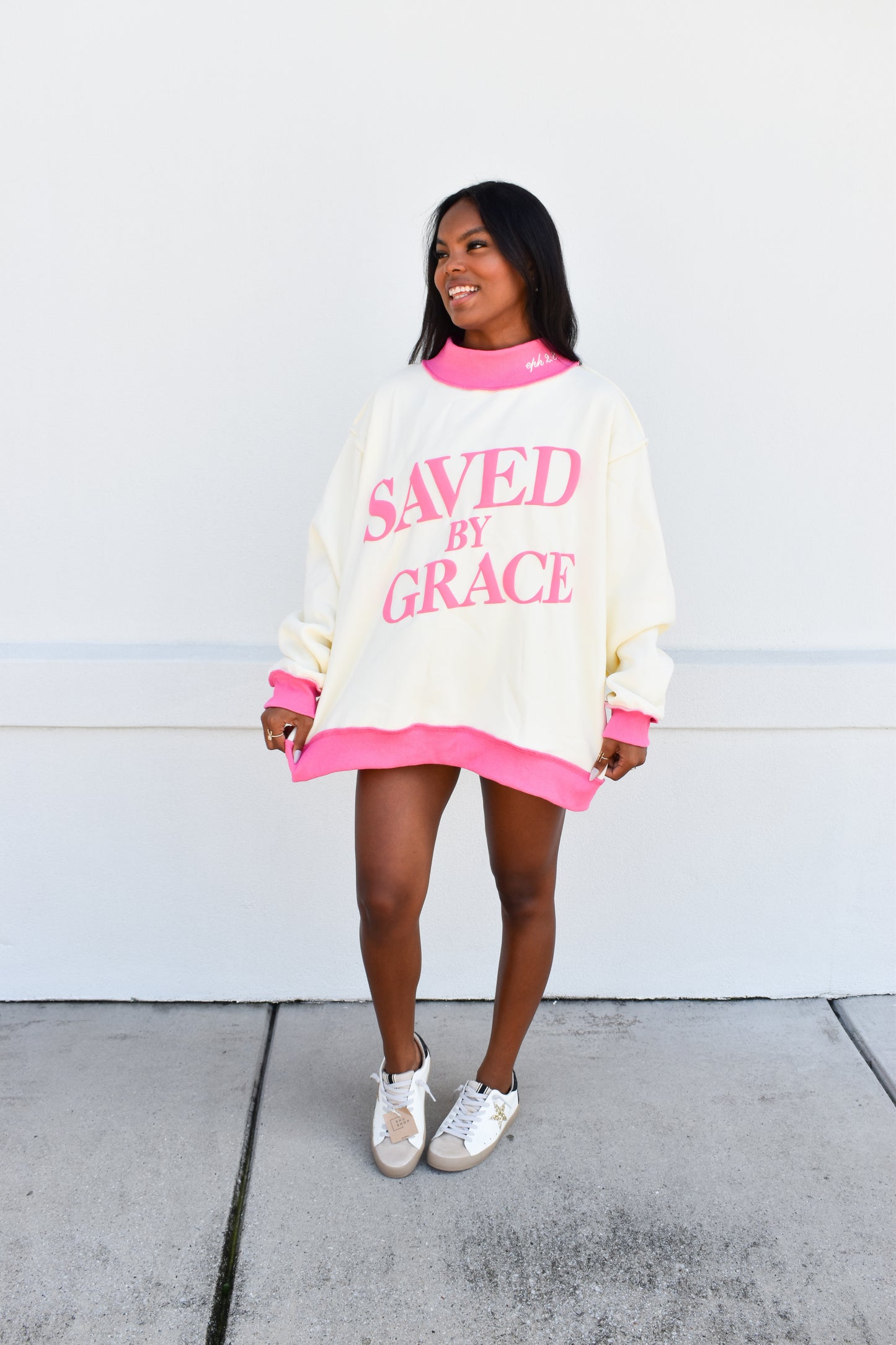 'SAVED BY GRACE' Puff Print Mockneck