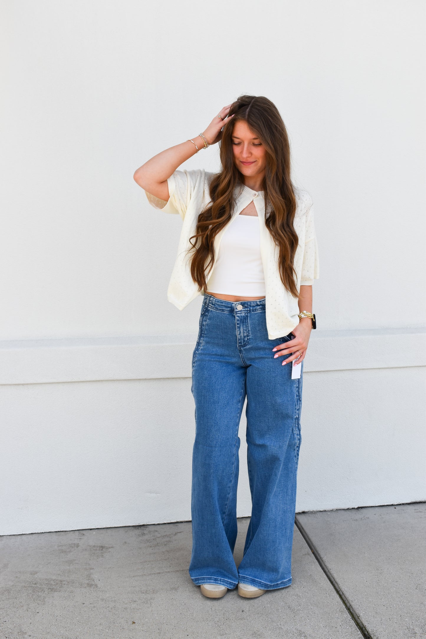 High Rise Wide Leg With Scalloped Edge Detail: Medium Wash