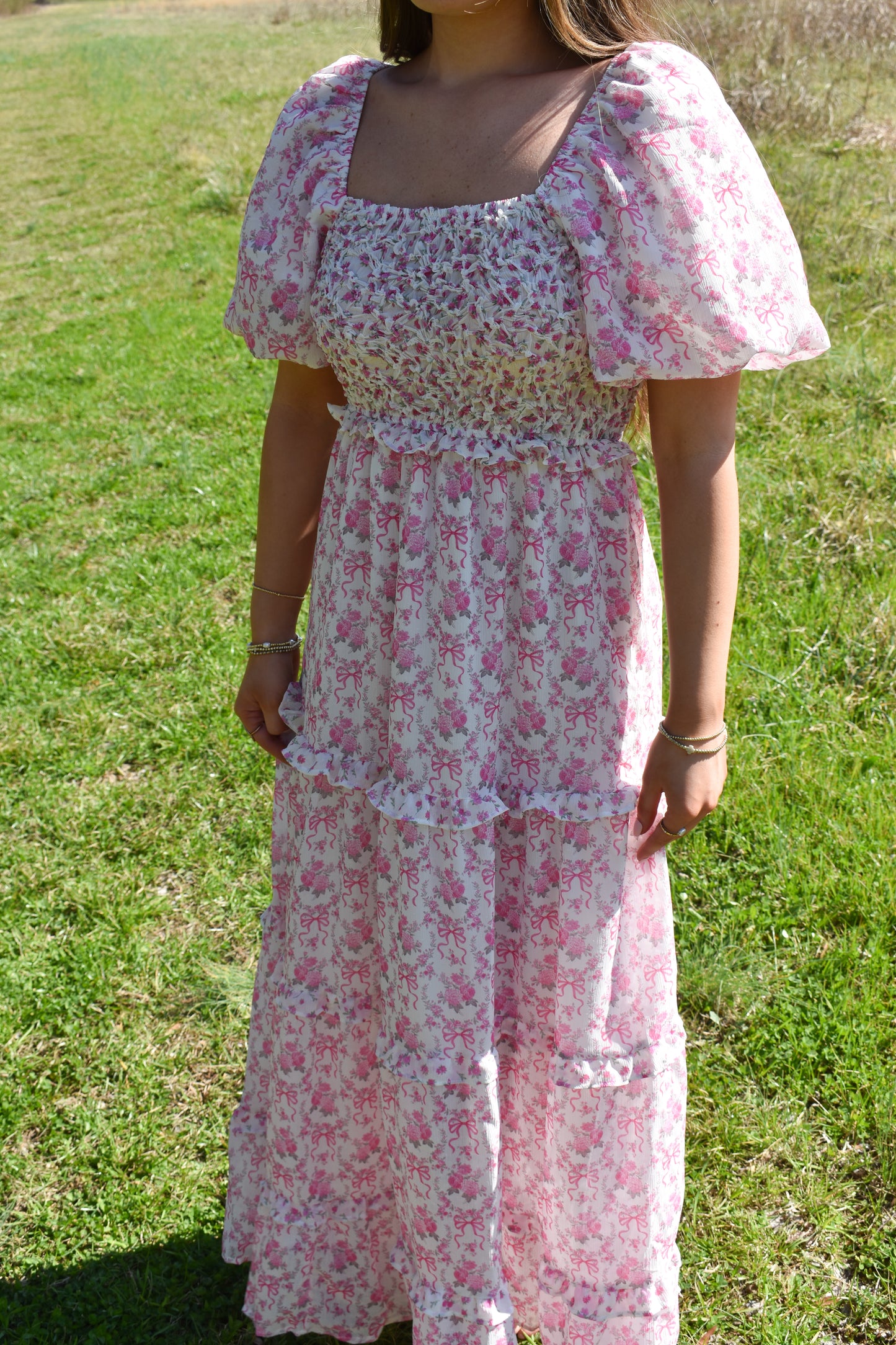 Bubble Floral Bow Maxi Dress