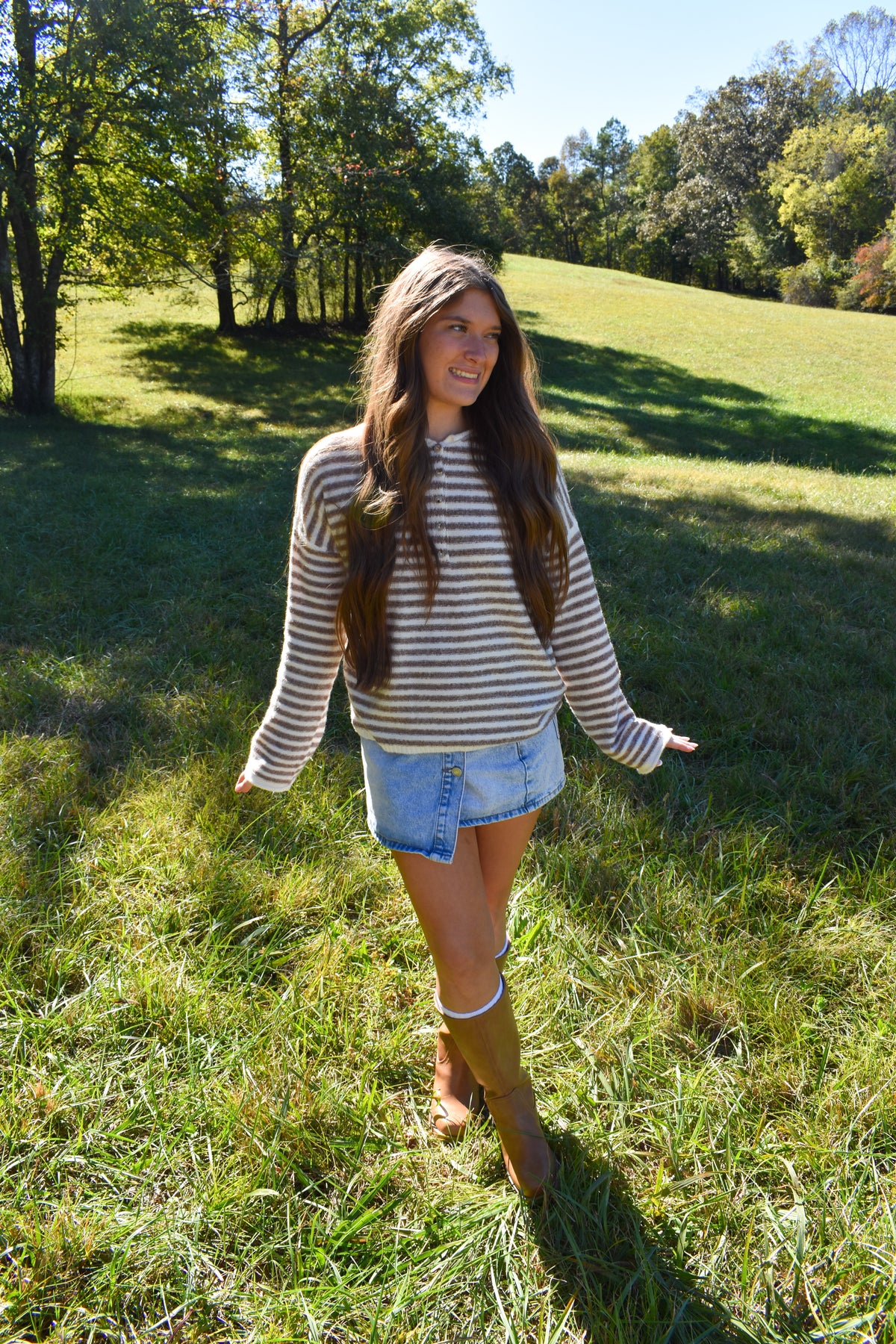 Beige Stripe Henley Pullover